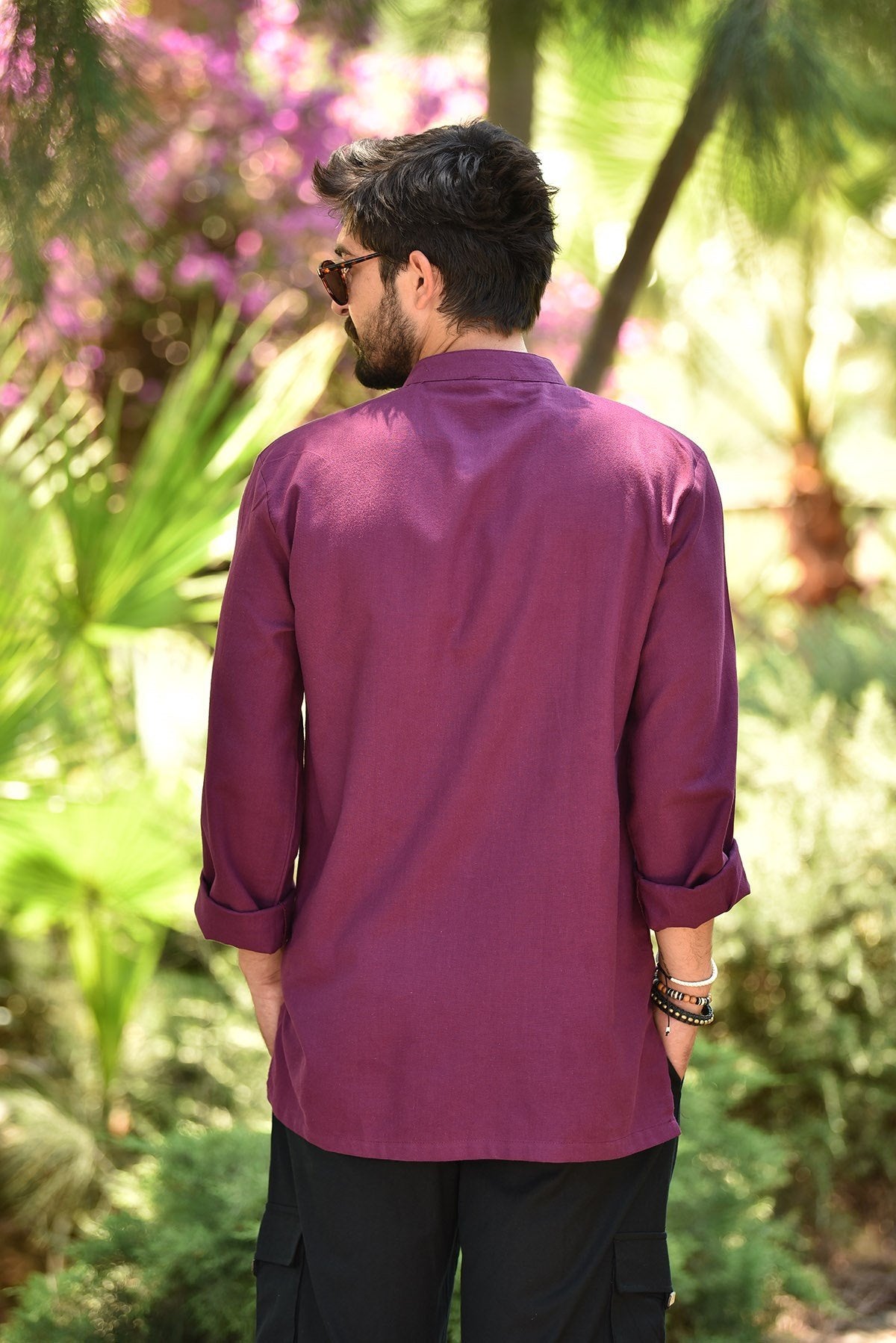 Plum Colored Mandarin Collar Button Knot Shirt