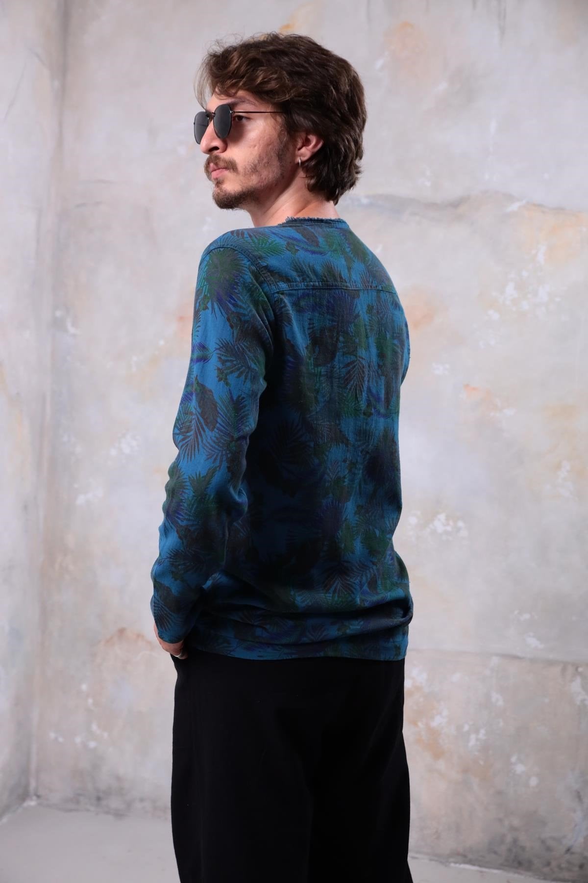 Petrol Blue Patterned Bohemian Men's Shirt with Lace-Up Collar