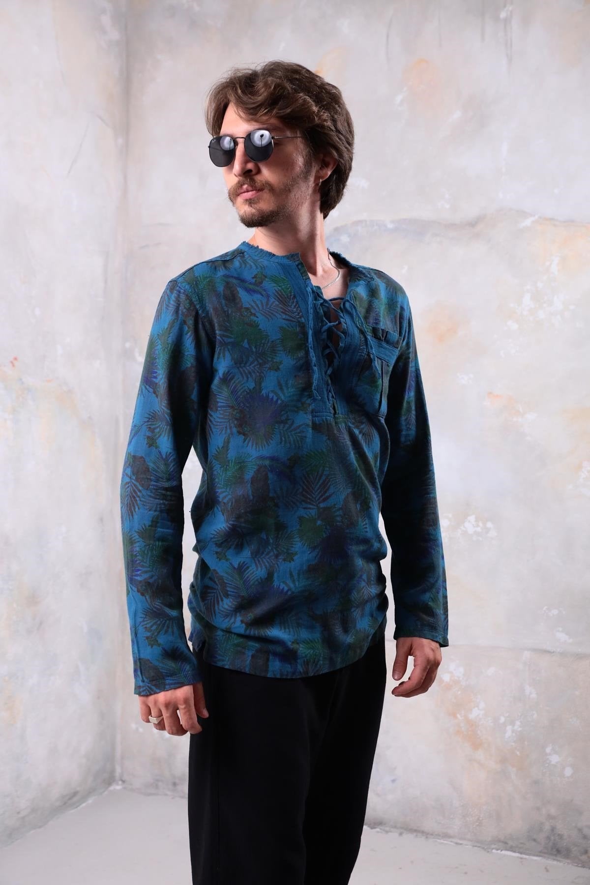 Petrol Blue Patterned Bohemian Men's Shirt with Lace-Up Collar