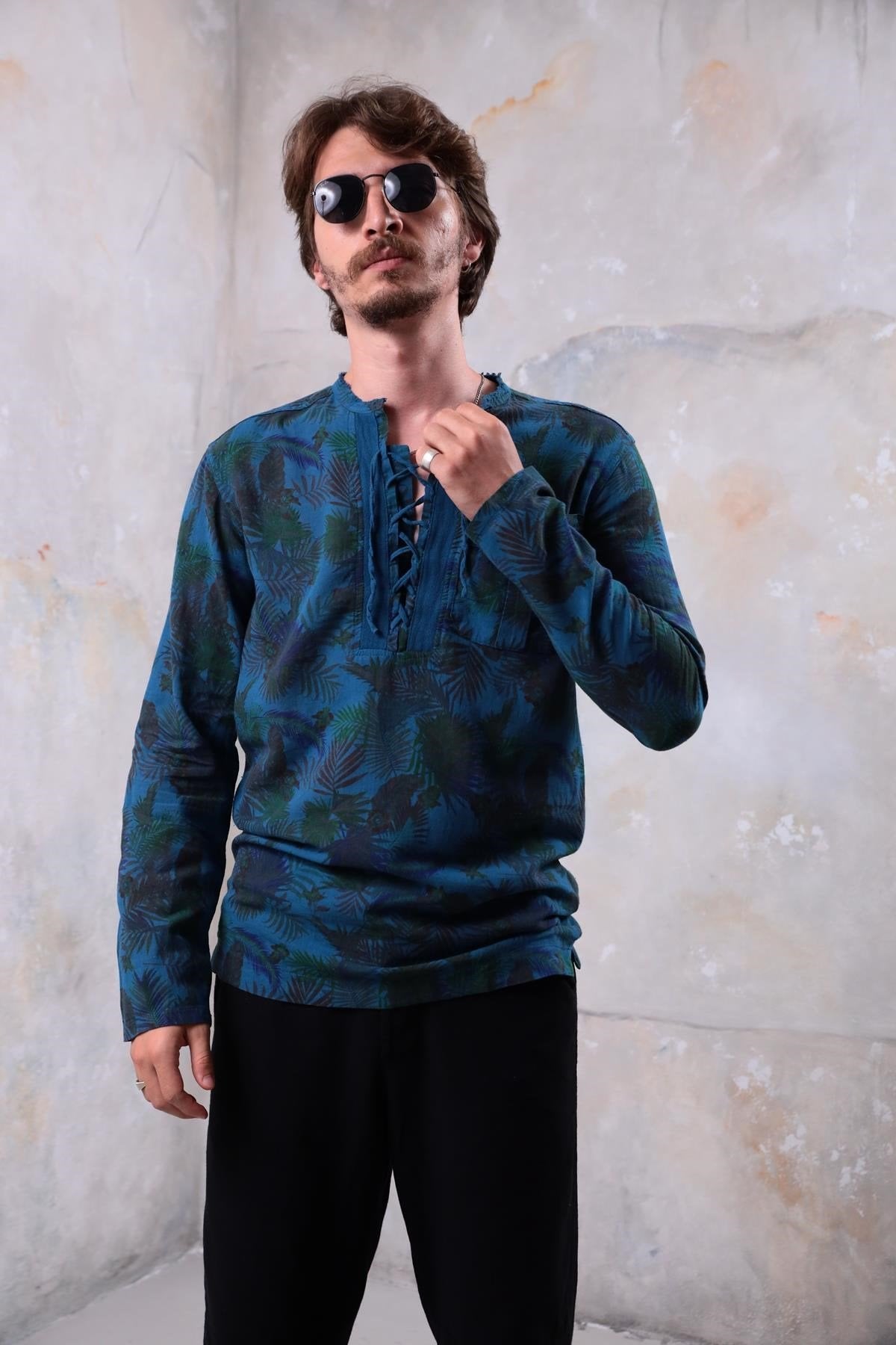 Petrol Blue Patterned Bohemian Men's Shirt with Lace-Up Collar