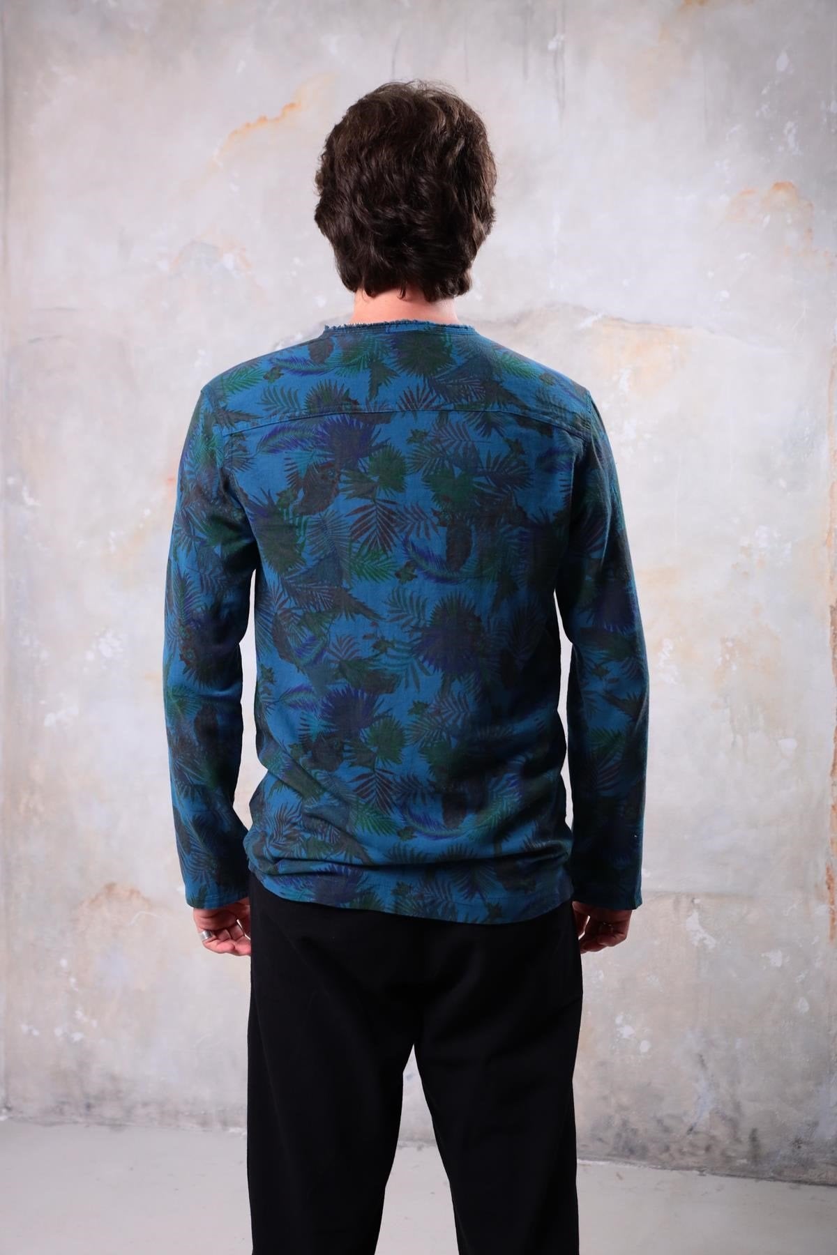 Petrol Blue Patterned Bohemian Men's Shirt with Lace-Up Collar