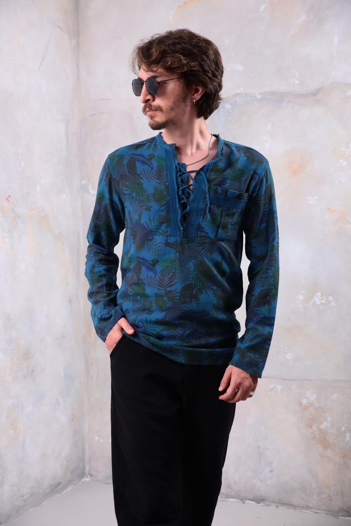 Petrol Blue Patterned Bohemian Men's Shirt with Lace-Up Collar