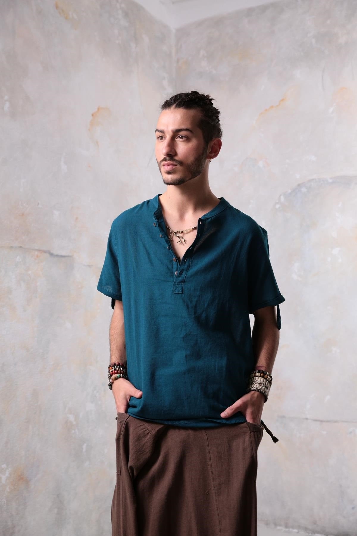 Petrol Blue Buttoned Short-Sleeved Mandarin Collar Men's Shirt