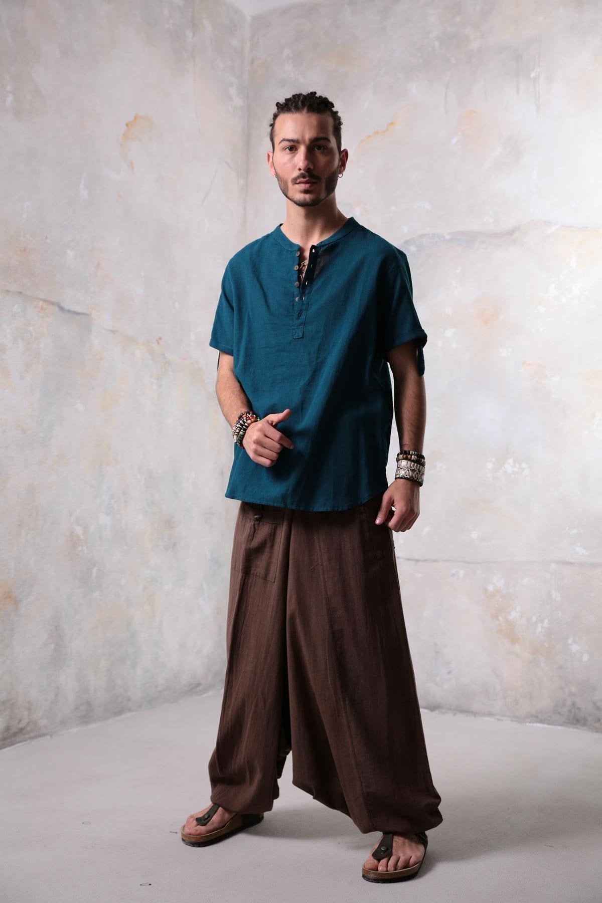 Petrol Blue Buttoned Short-Sleeved Mandarin Collar Men's Shirt