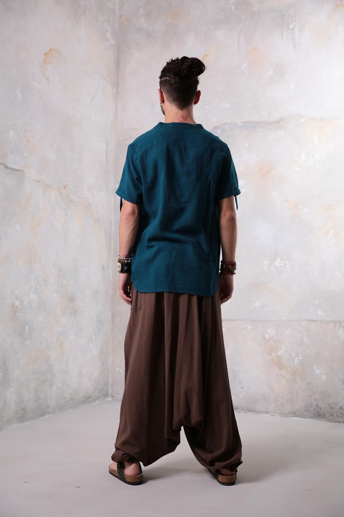 Petrol Blue Buttoned Short-Sleeved Mandarin Collar Men's Shirt