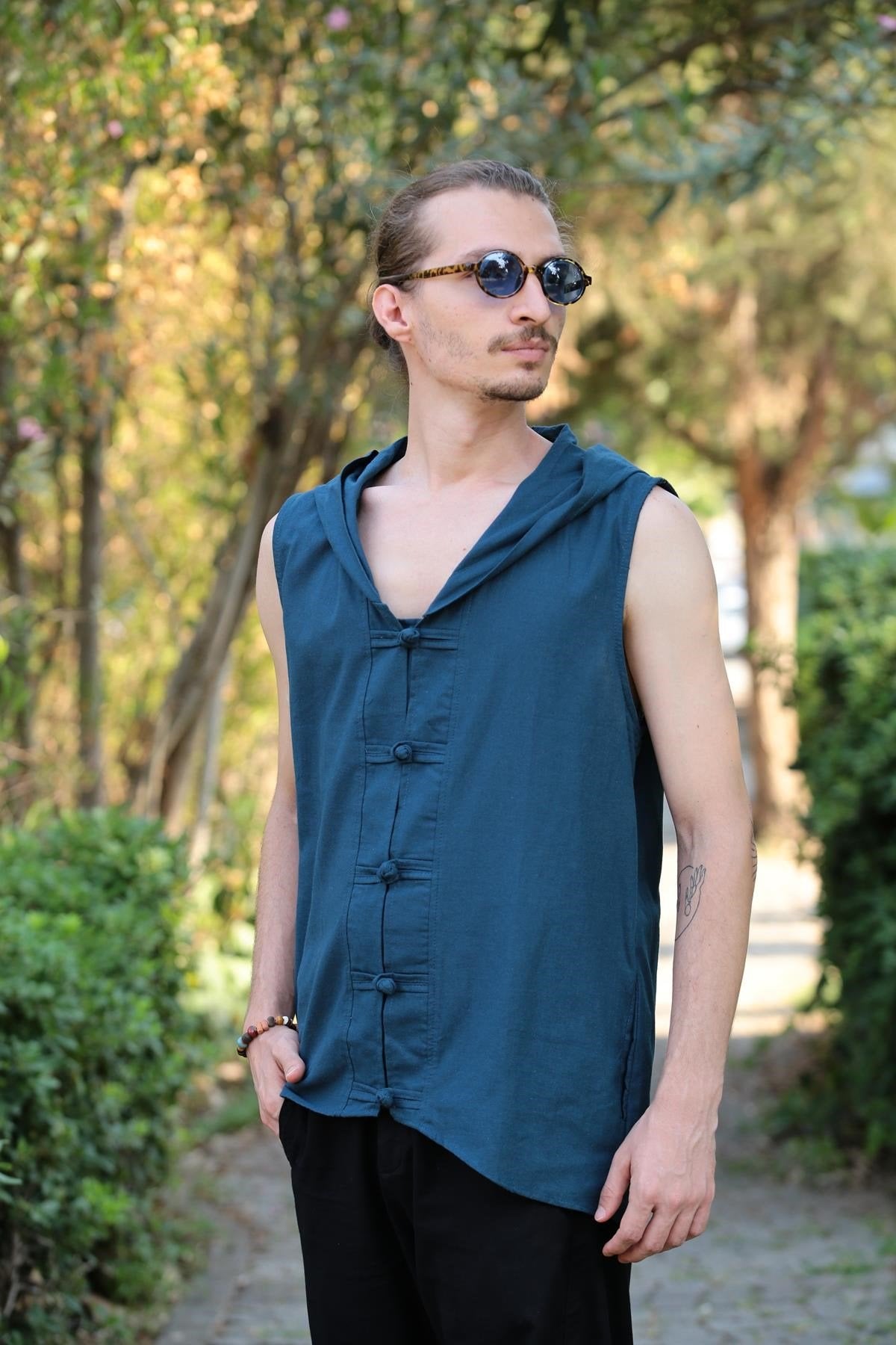 Petrol Blue Hooded Sleeveless Shirt