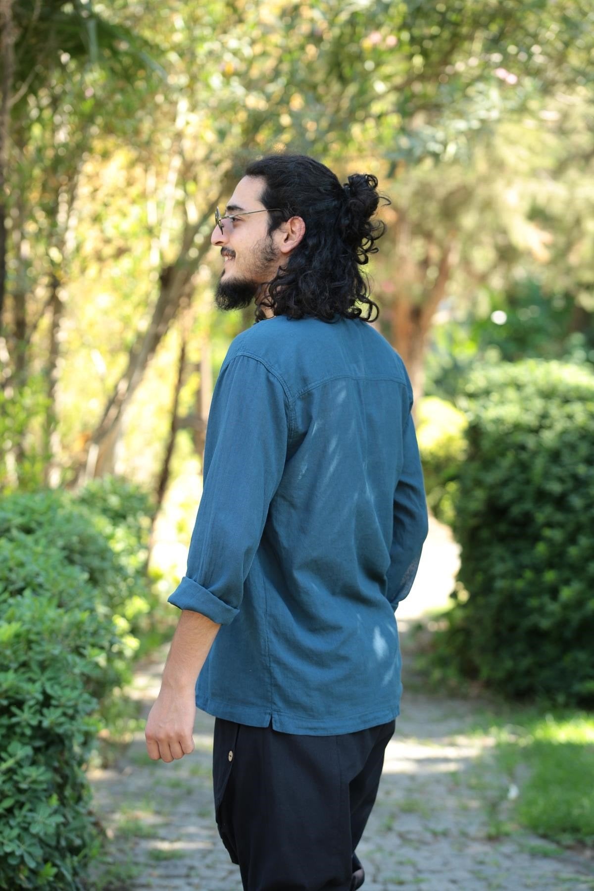 Petrol Blue Bohemian Men's Shirt with Lace-Up Collar