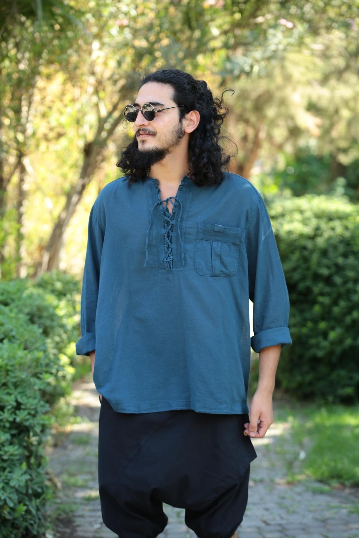 Petrol Blue Bohemian Men's Shirt with Lace-Up Collar