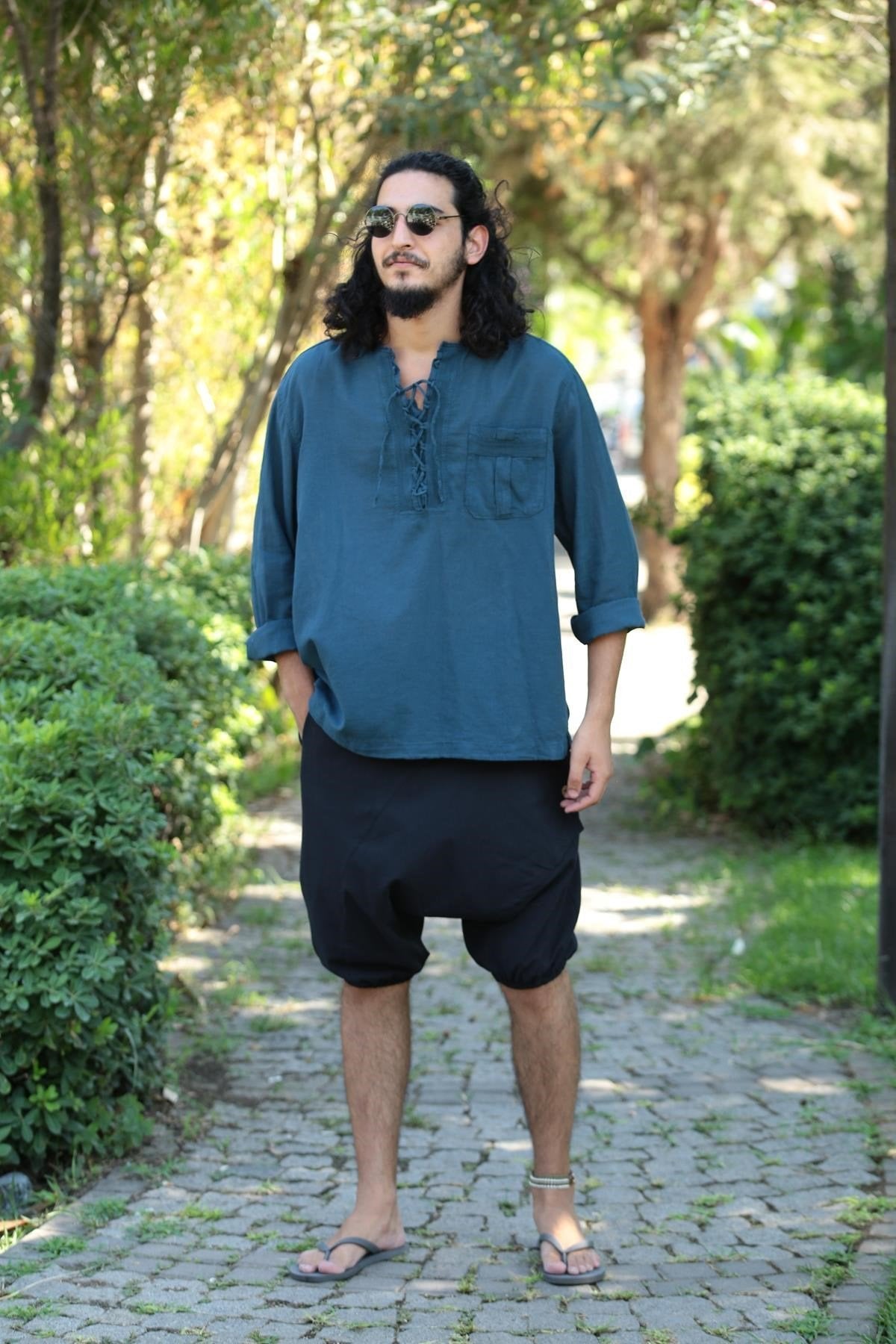 Petrol Blue Bohemian Men's Shirt with Lace-Up Collar