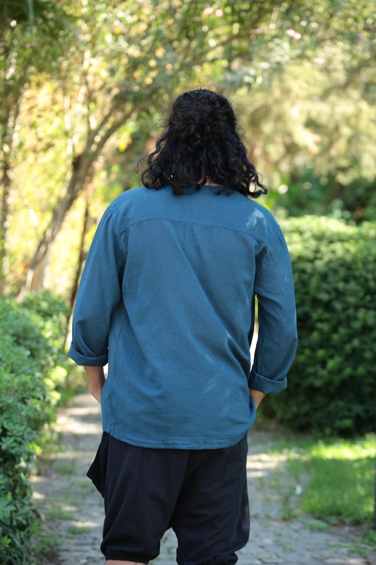 Petrol Blue Bohemian Men's Shirt with Lace-Up Collar