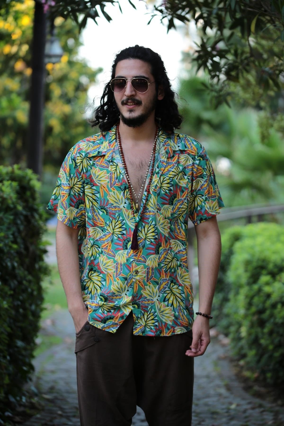 Yellow Ethnic Pattern Classic Collar Shirt