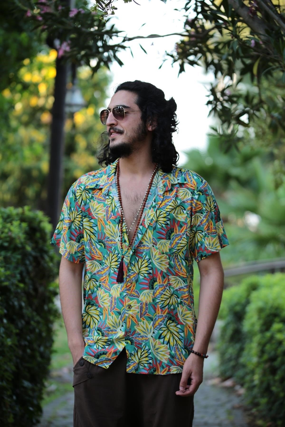 Yellow Ethnic Pattern Classic Collar Shirt