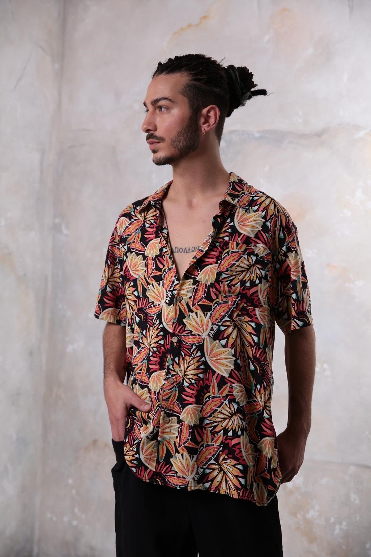 Black Ethnic Pattern Classic Collar Shirt