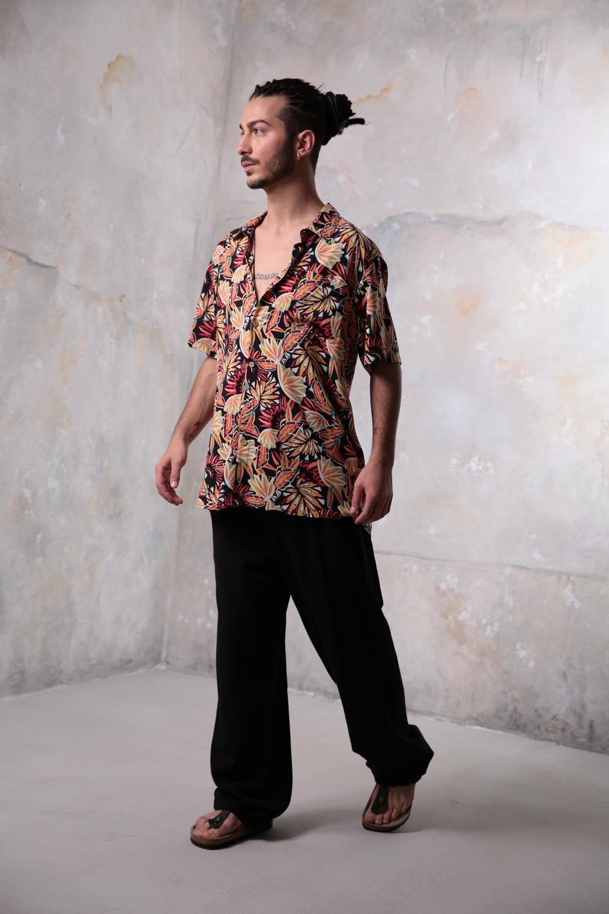 Black Ethnic Pattern Classic Collar Shirt