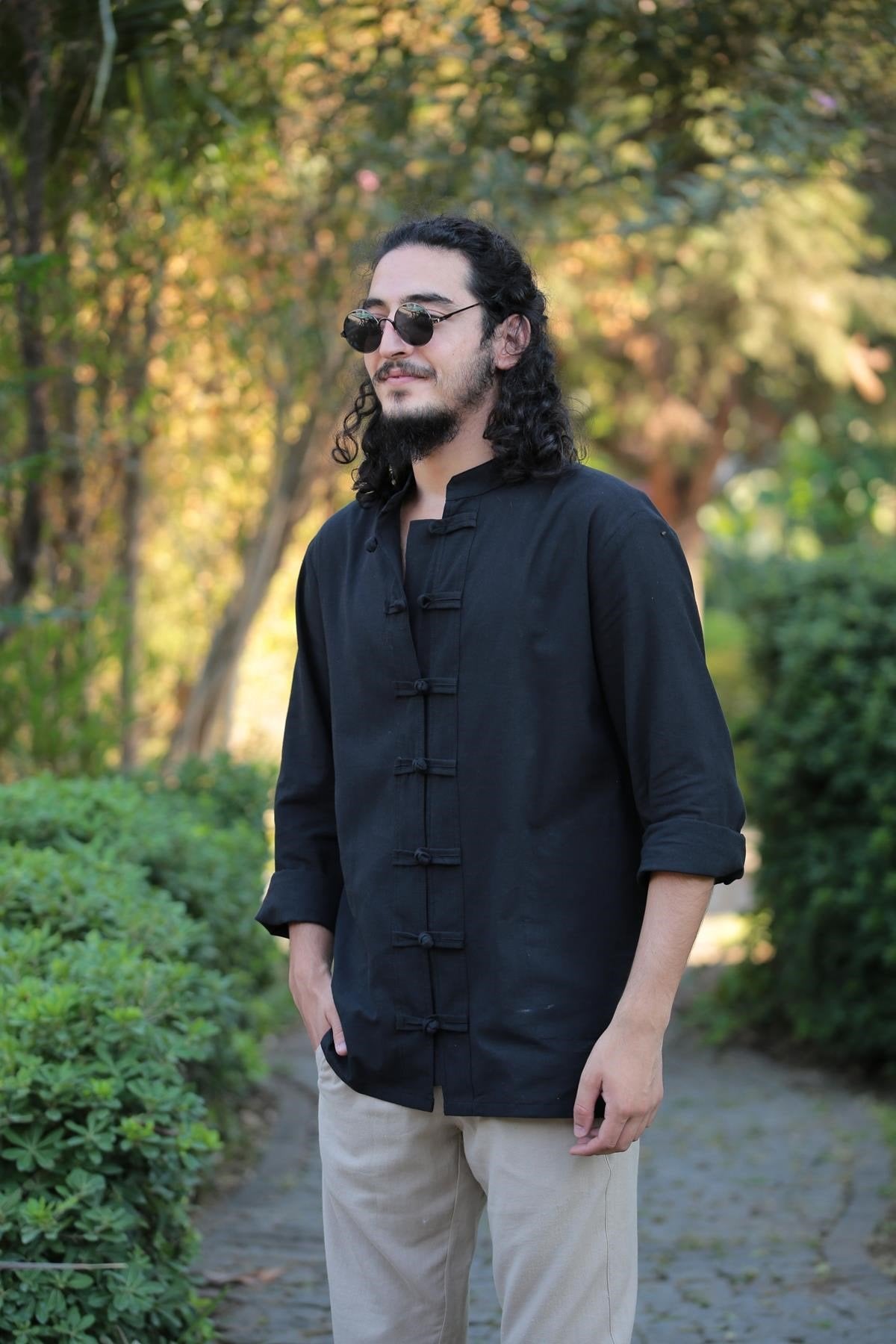 Black Mandarin Collar Knot Button Shirt