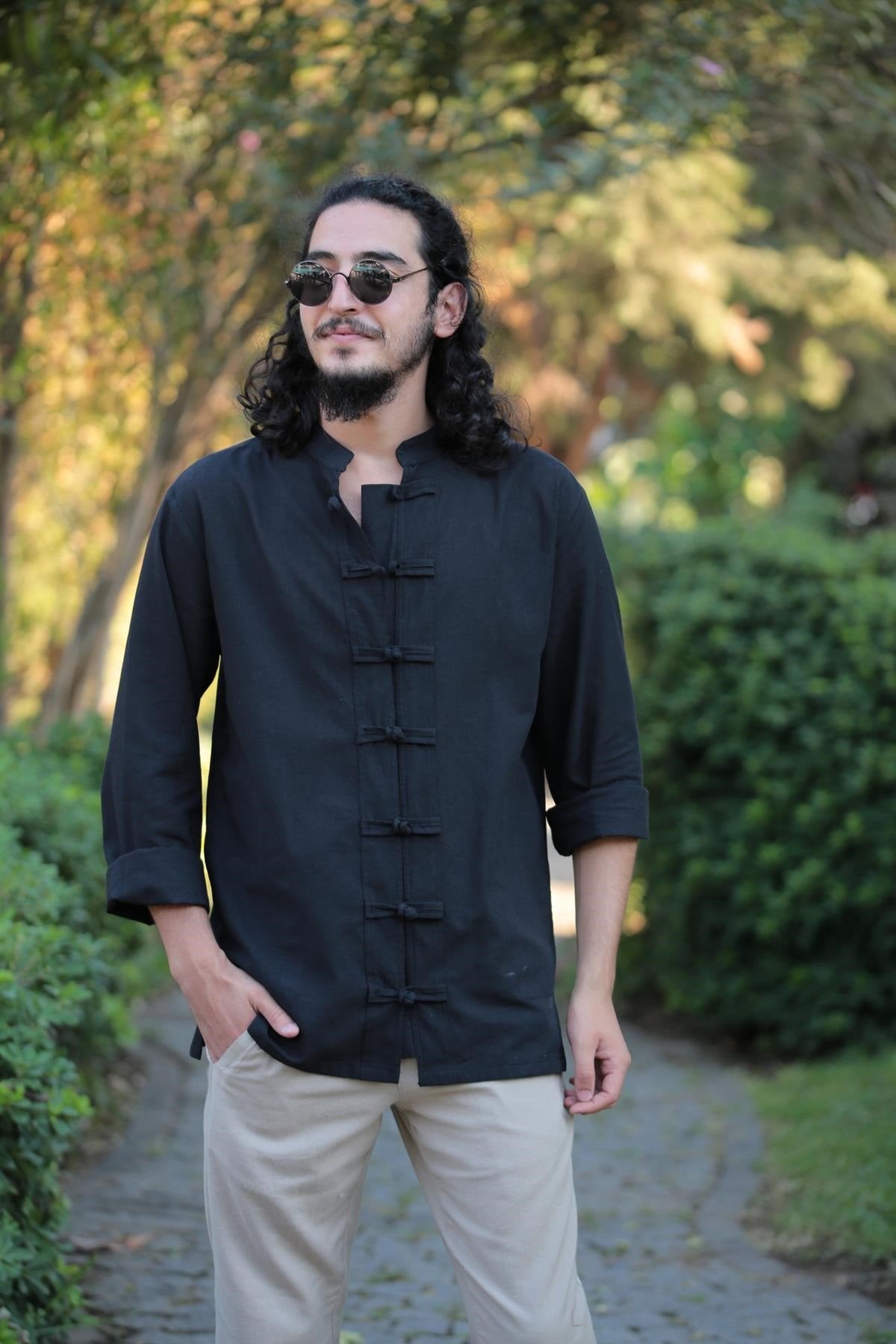 Black Mandarin Collar Knot Button Shirt