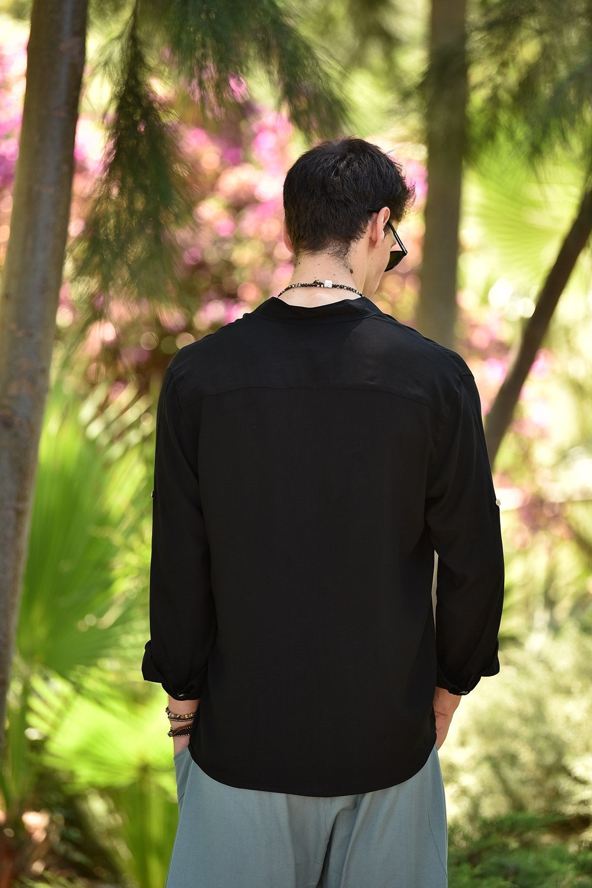 Black Mandarin Collar Long-Sleeved Men's Shirt