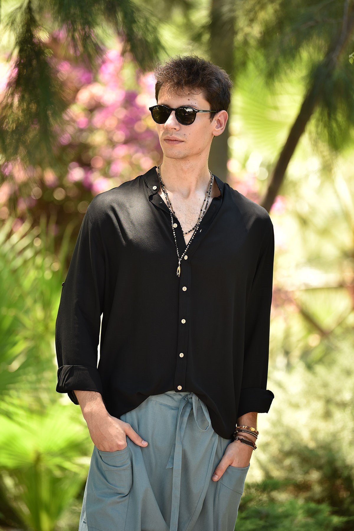 Black Mandarin Collar Long-Sleeved Men's Shirt