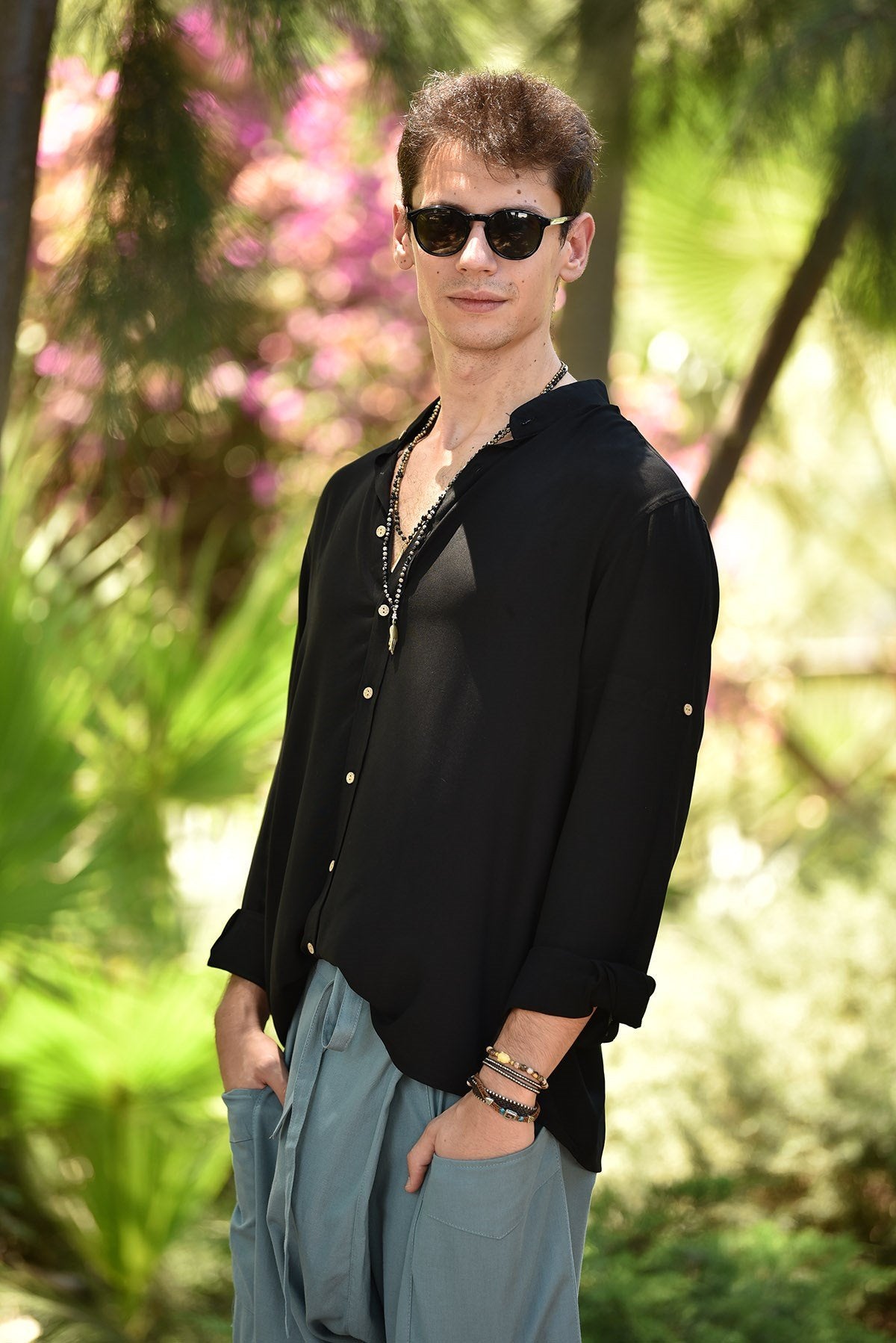 Black Mandarin Collar Long-Sleeved Men's Shirt