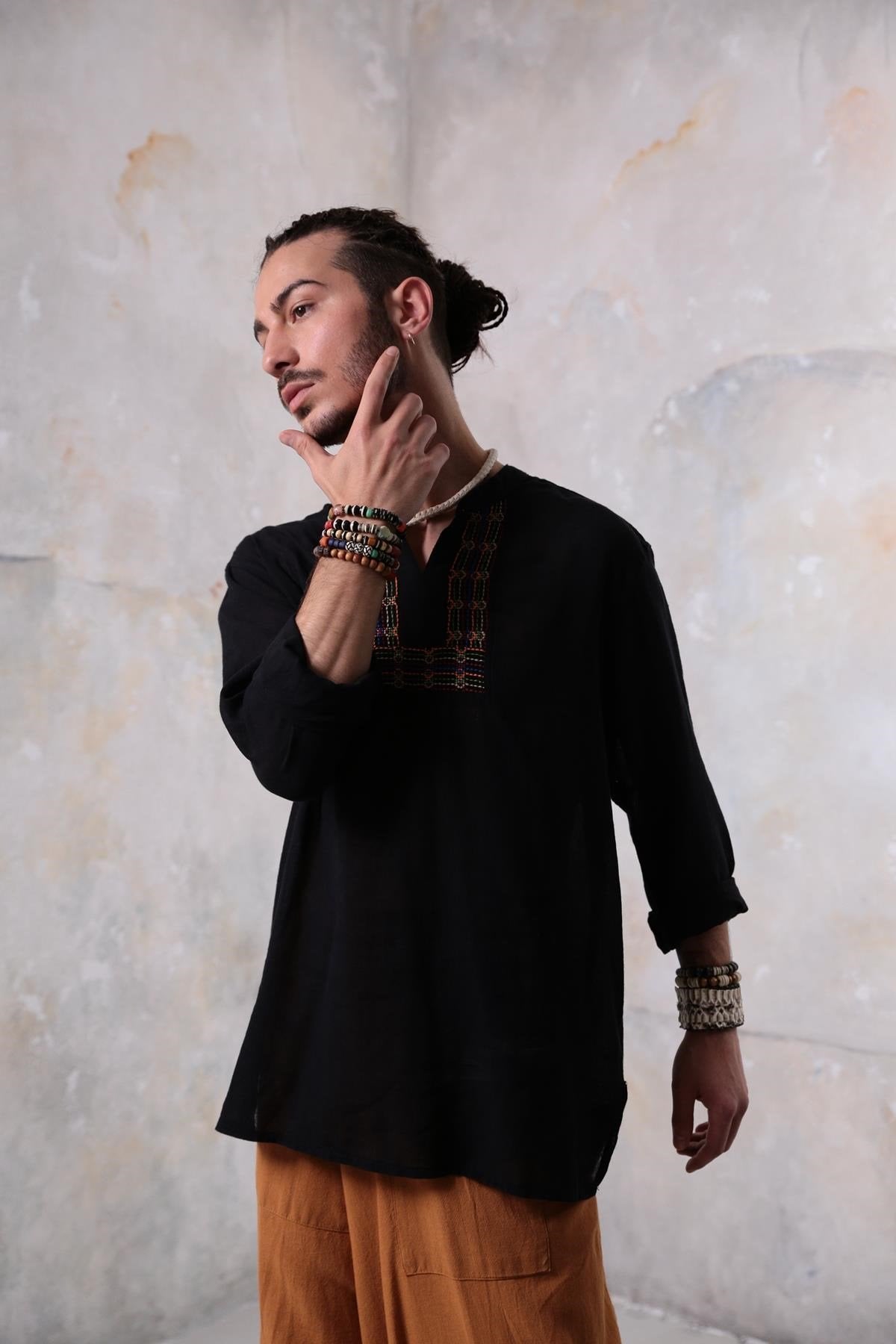 Black Mandarin Collar Cotton Shirt with Embroidered Detail