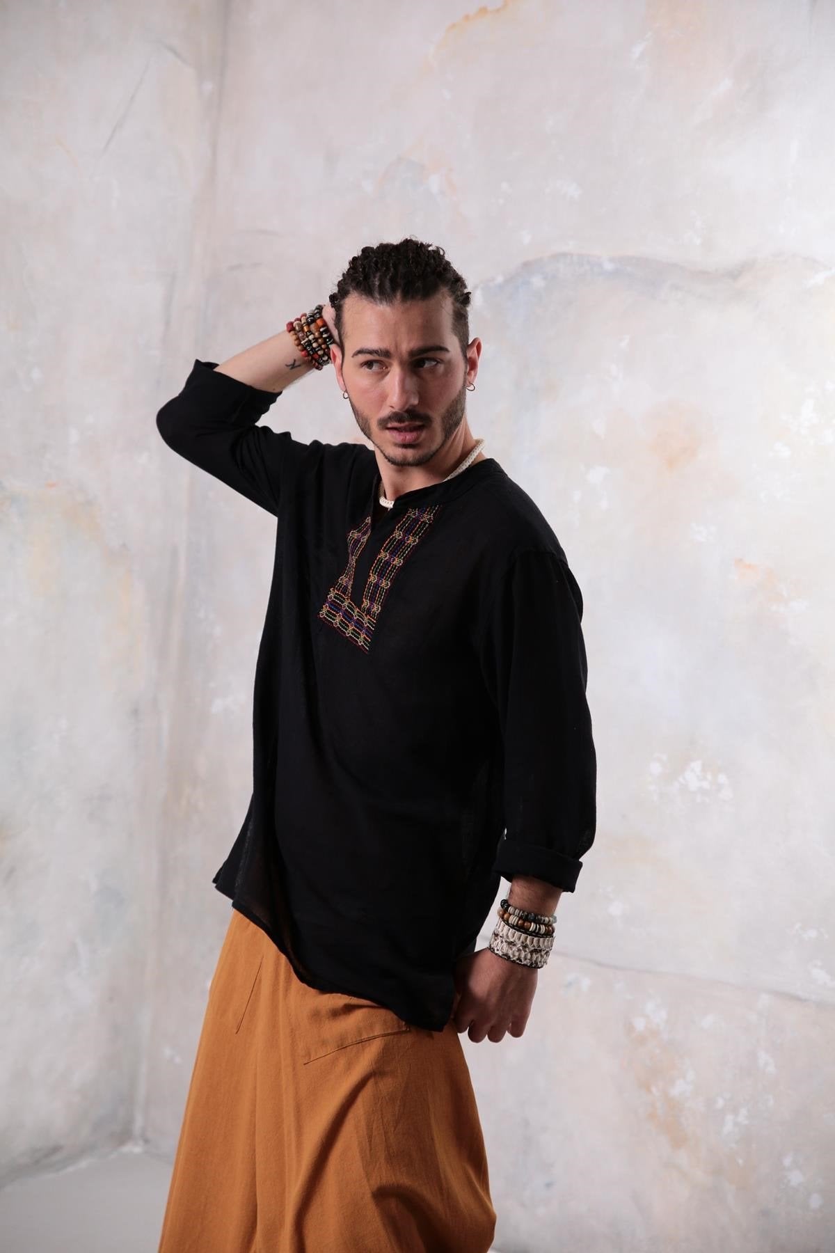 Black Mandarin Collar Cotton Shirt with Embroidered Detail