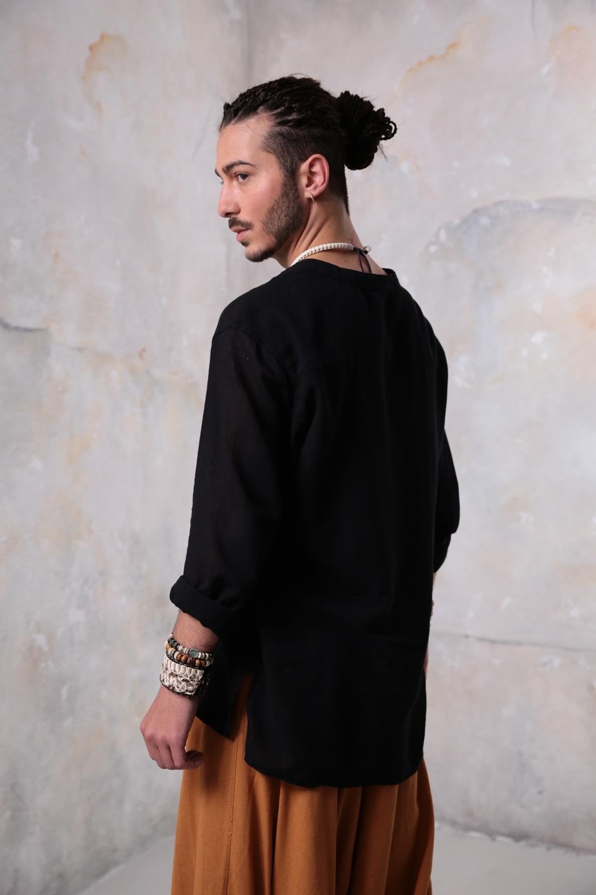 Black Mandarin Collar Cotton Shirt with Embroidered Detail