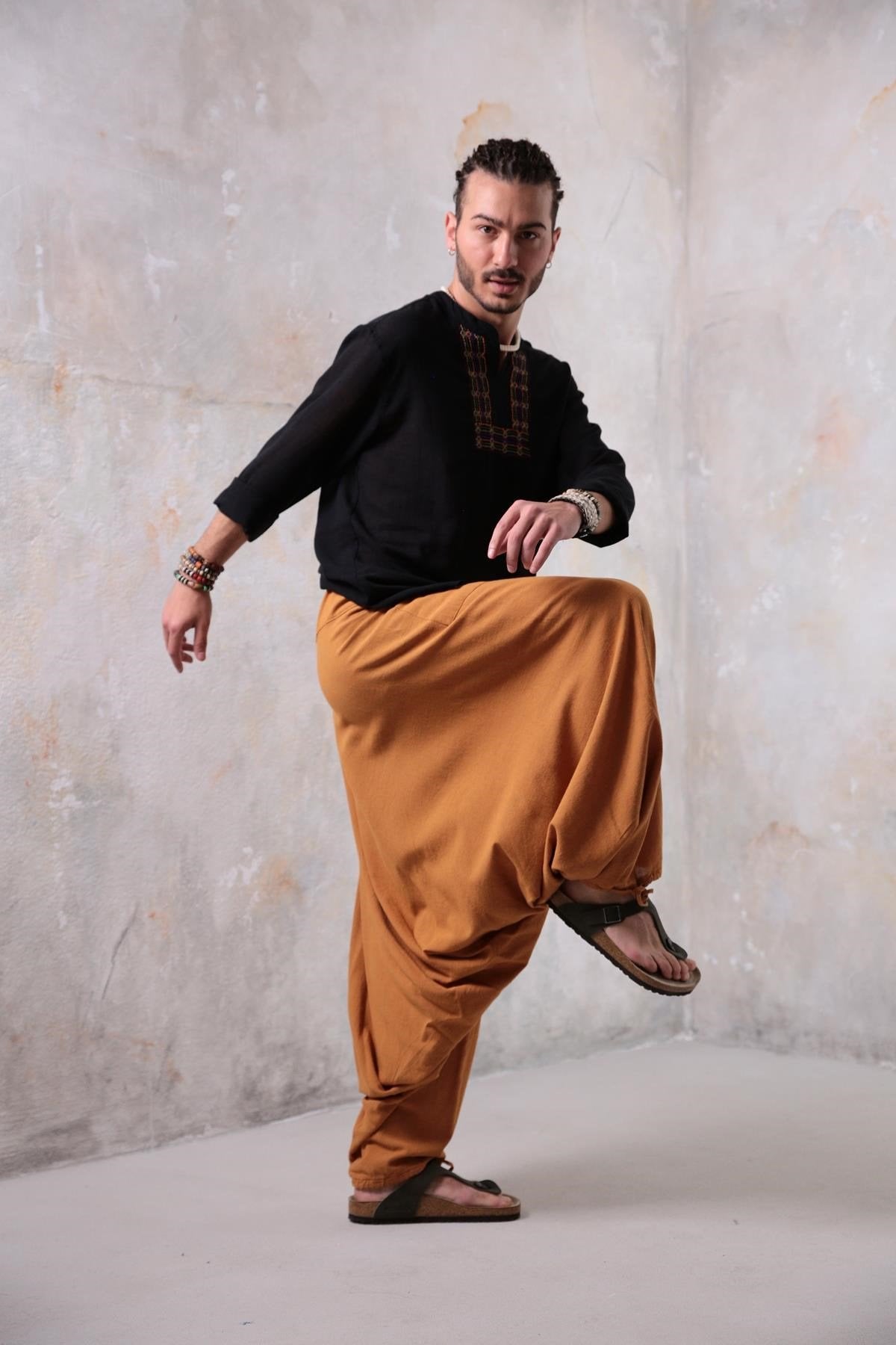 Black Mandarin Collar Cotton Shirt with Embroidered Detail