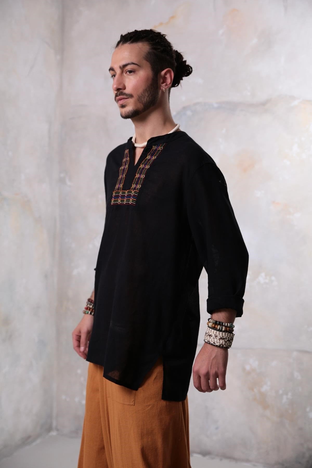 Black Mandarin Collar Cotton Shirt with Embroidered Detail