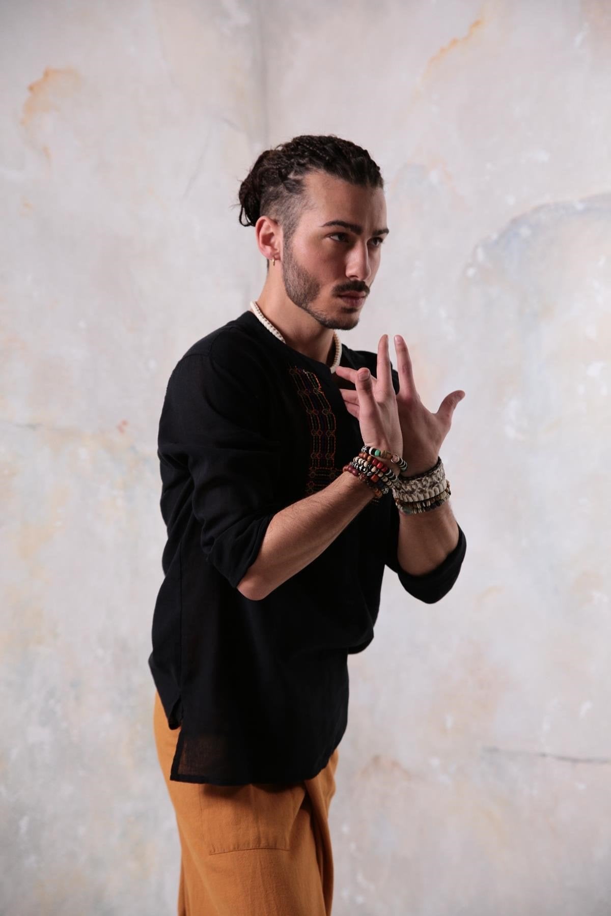 Black Mandarin Collar Cotton Shirt with Embroidered Detail