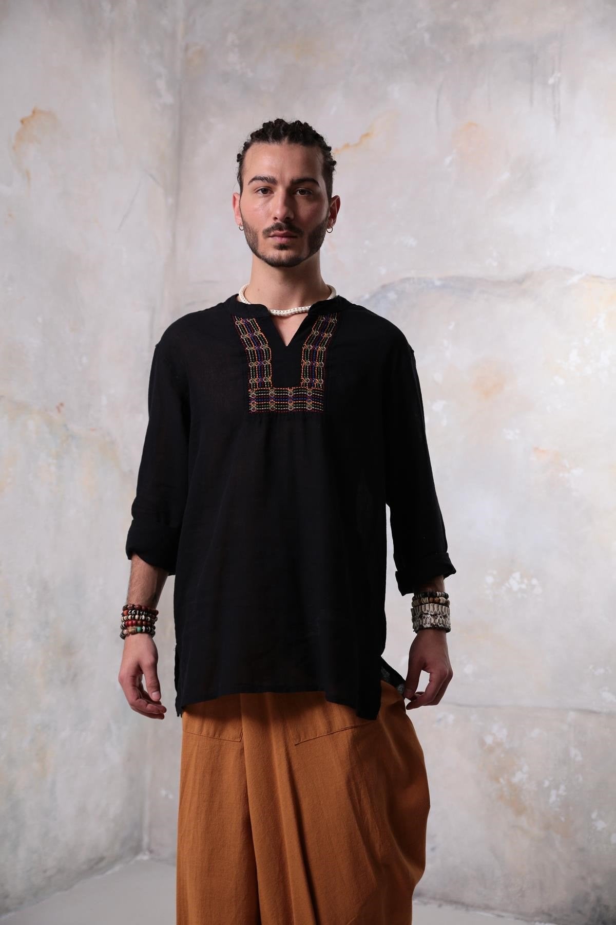 Black Mandarin Collar Cotton Shirt with Embroidered Detail