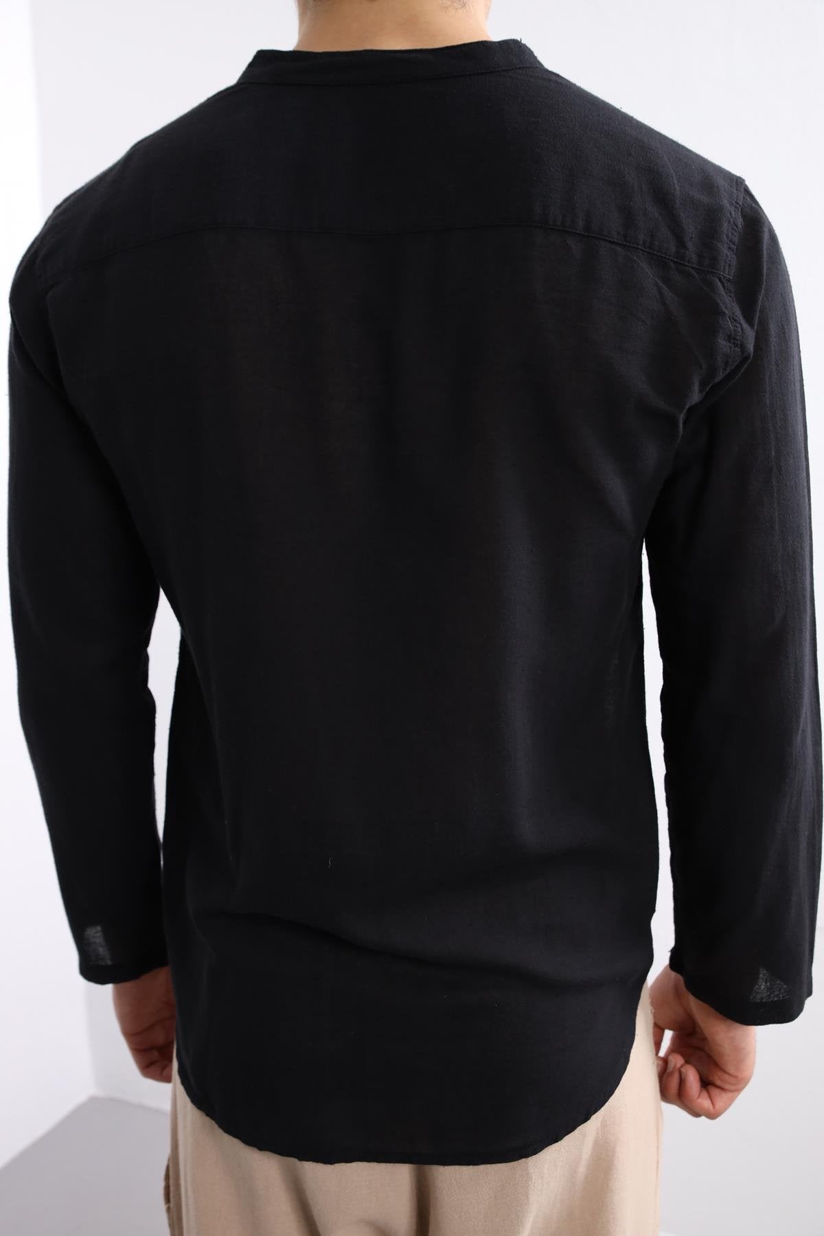 Black Mandarin Collar Shirt with Button Front