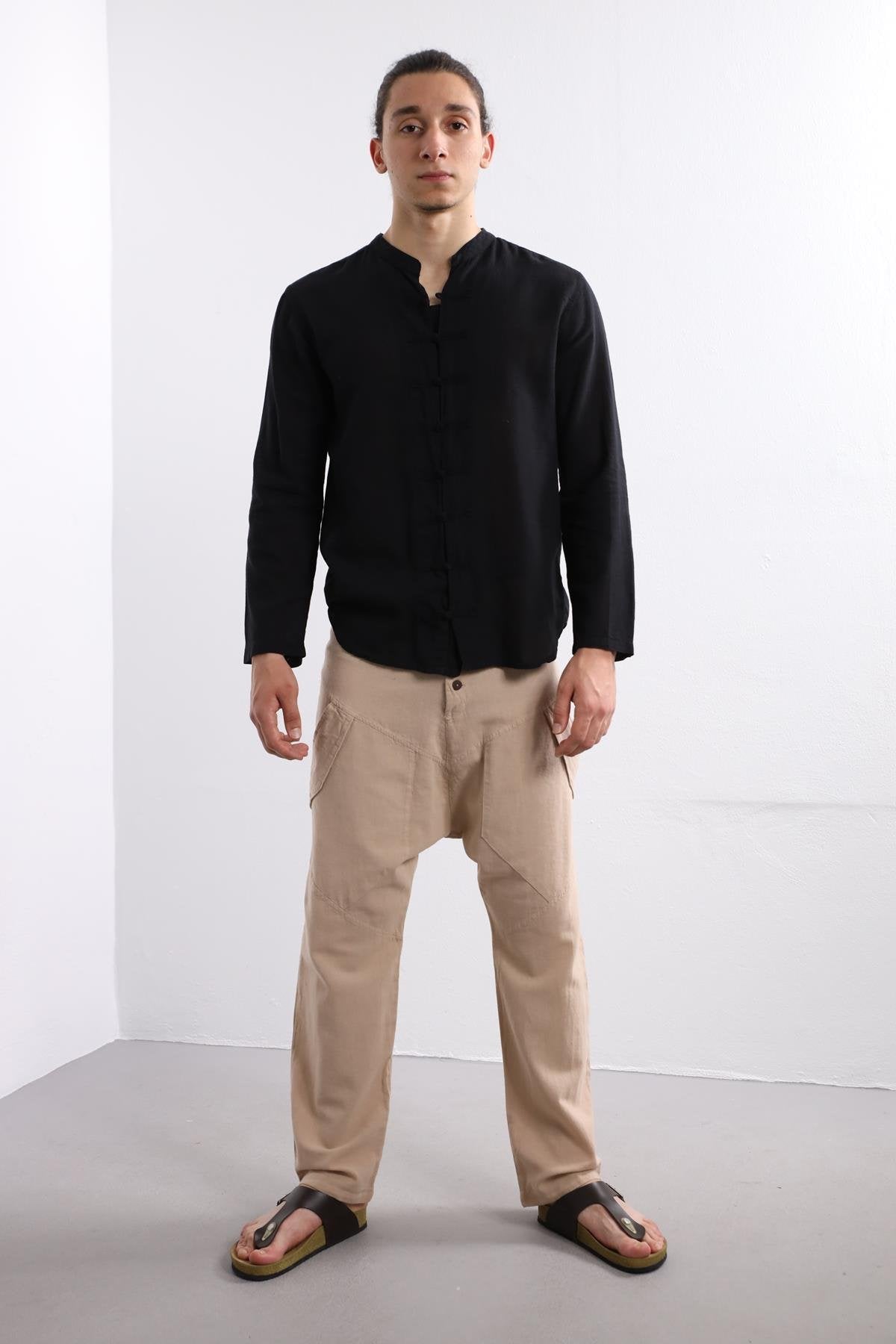 Black Mandarin Collar Shirt with Button Front