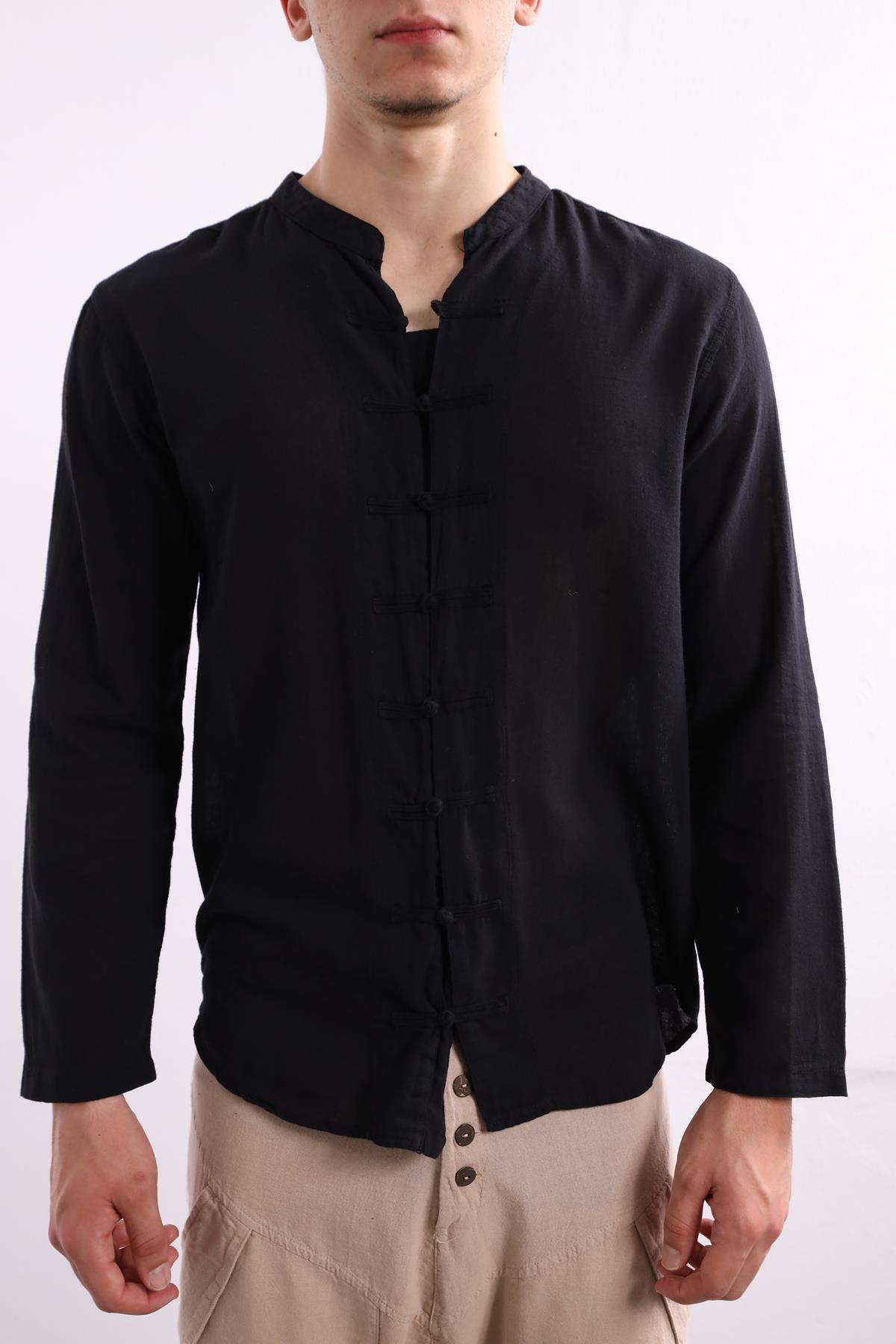 Black Mandarin Collar Shirt with Button Front