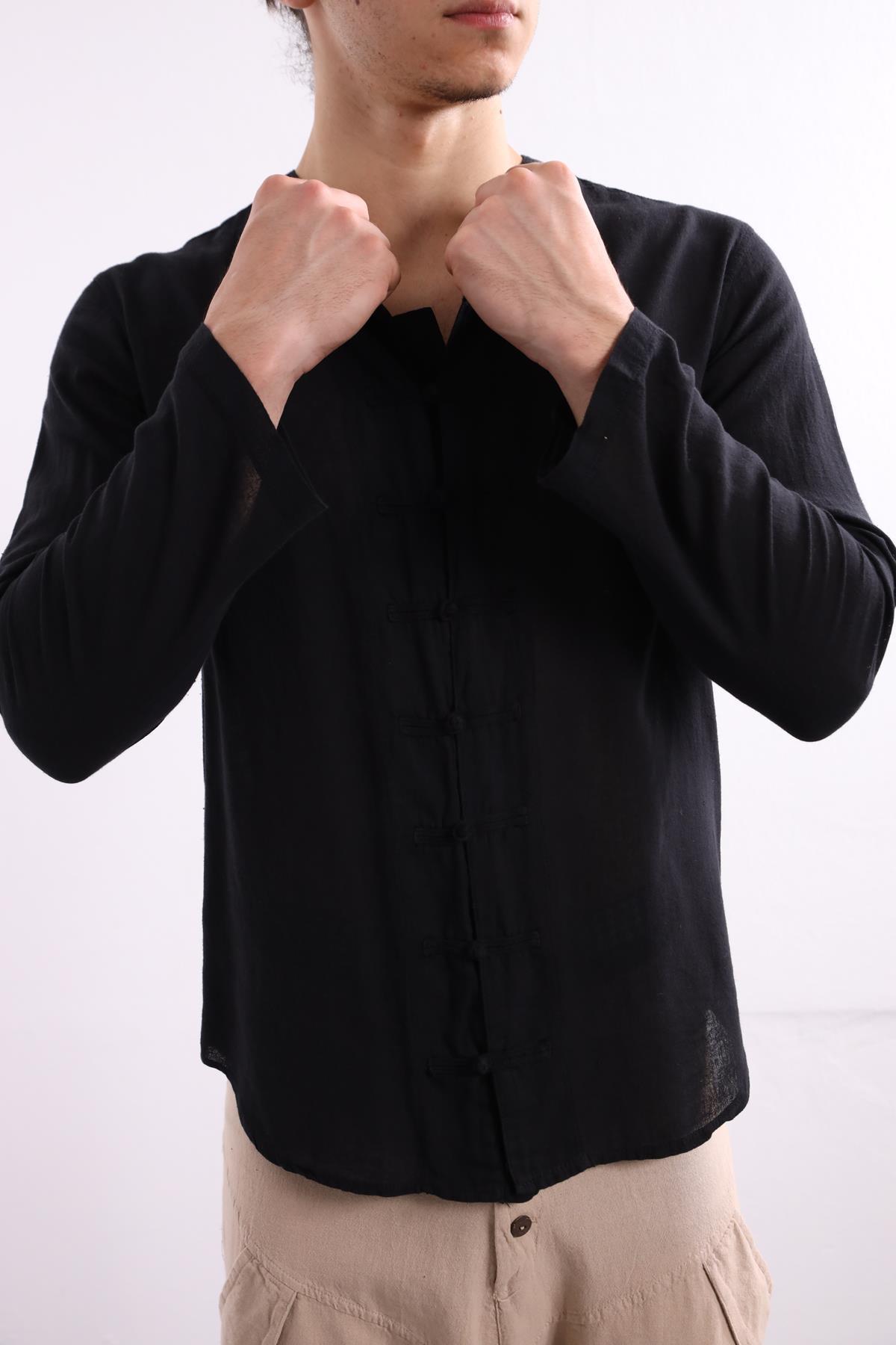 Black Mandarin Collar Shirt with Button Front