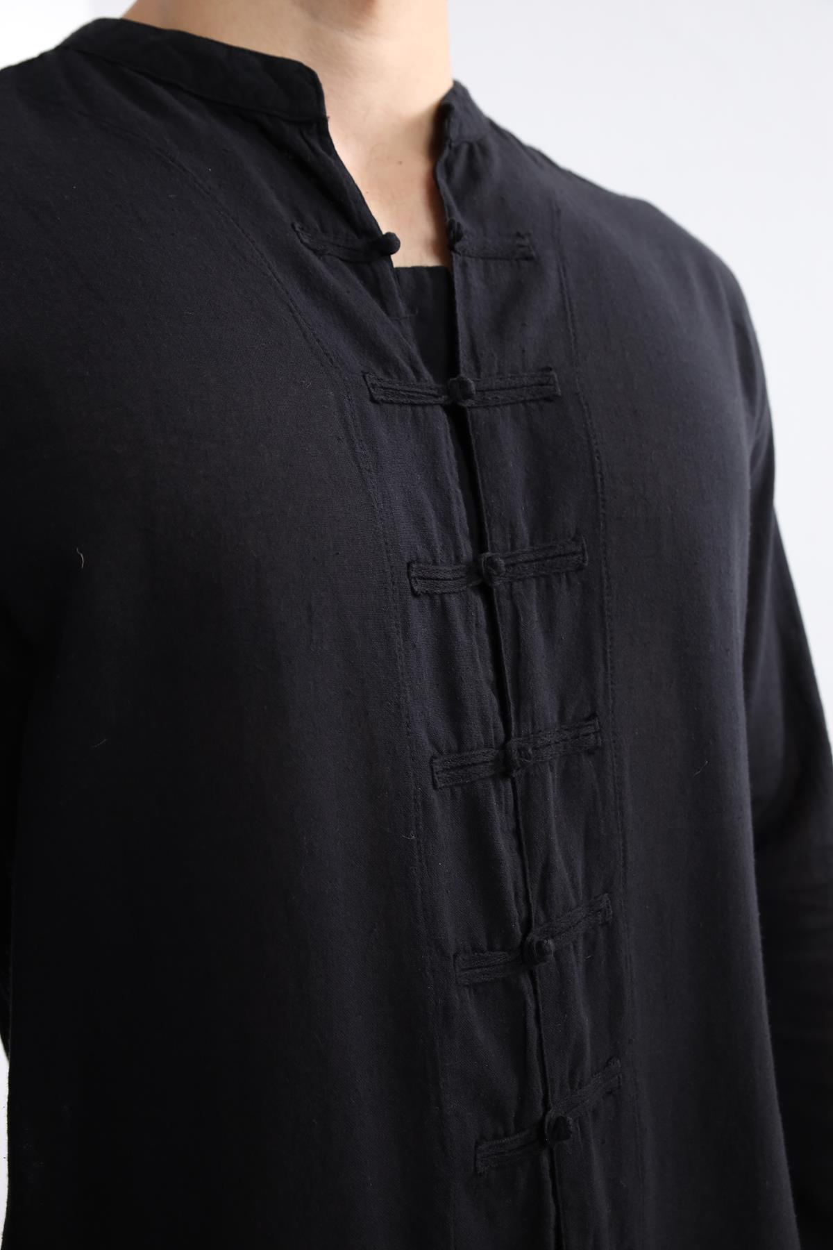 Black Mandarin Collar Shirt with Button Front