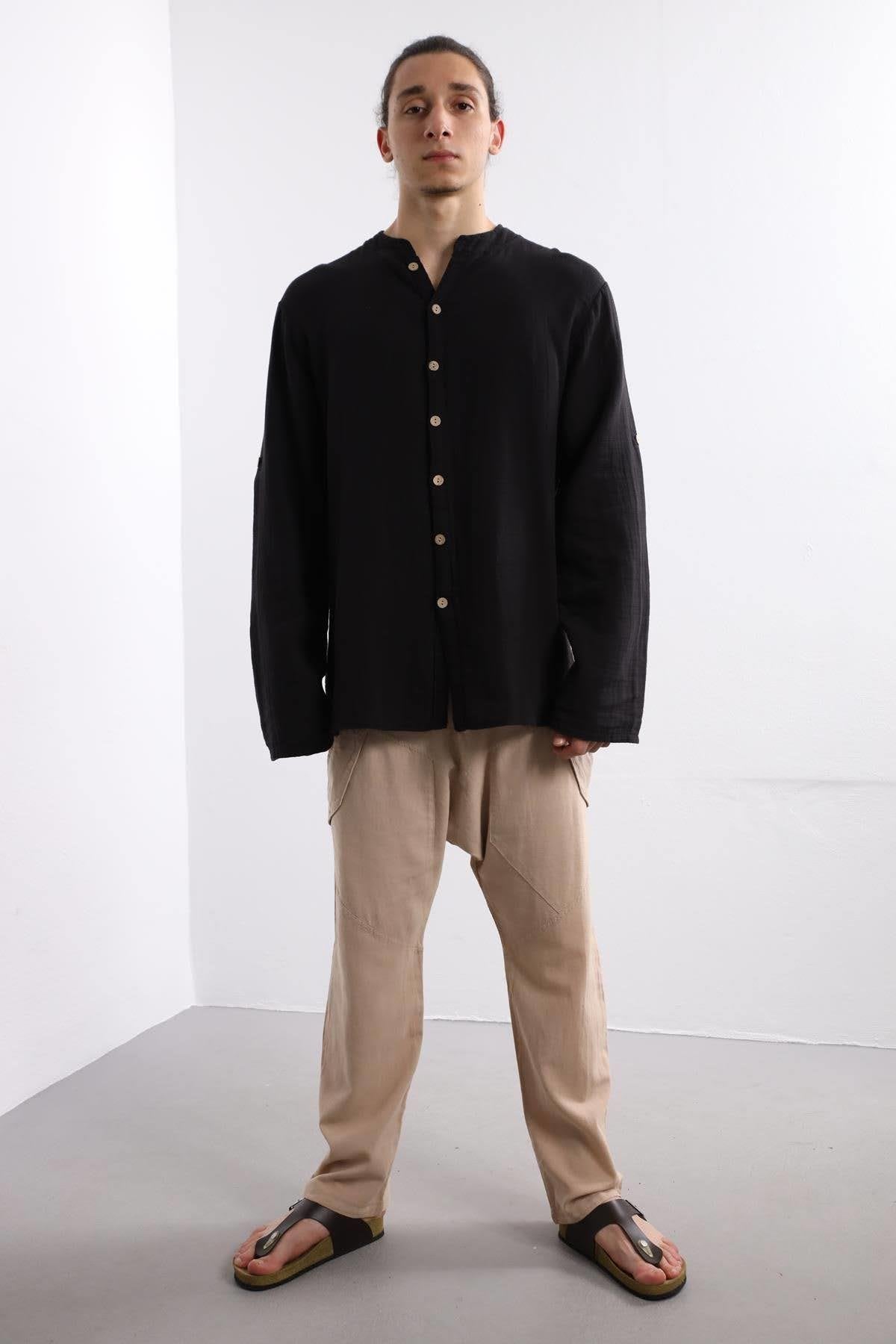 Black Mandarin Collar Cotton Shirt