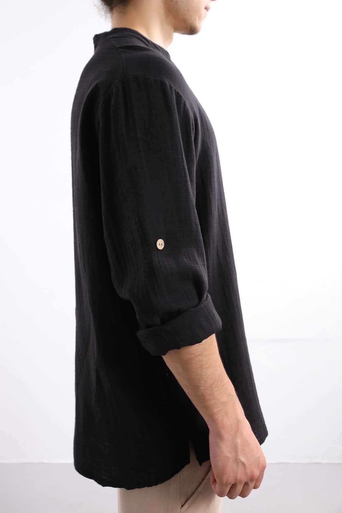 Black Mandarin Collar Cotton Shirt