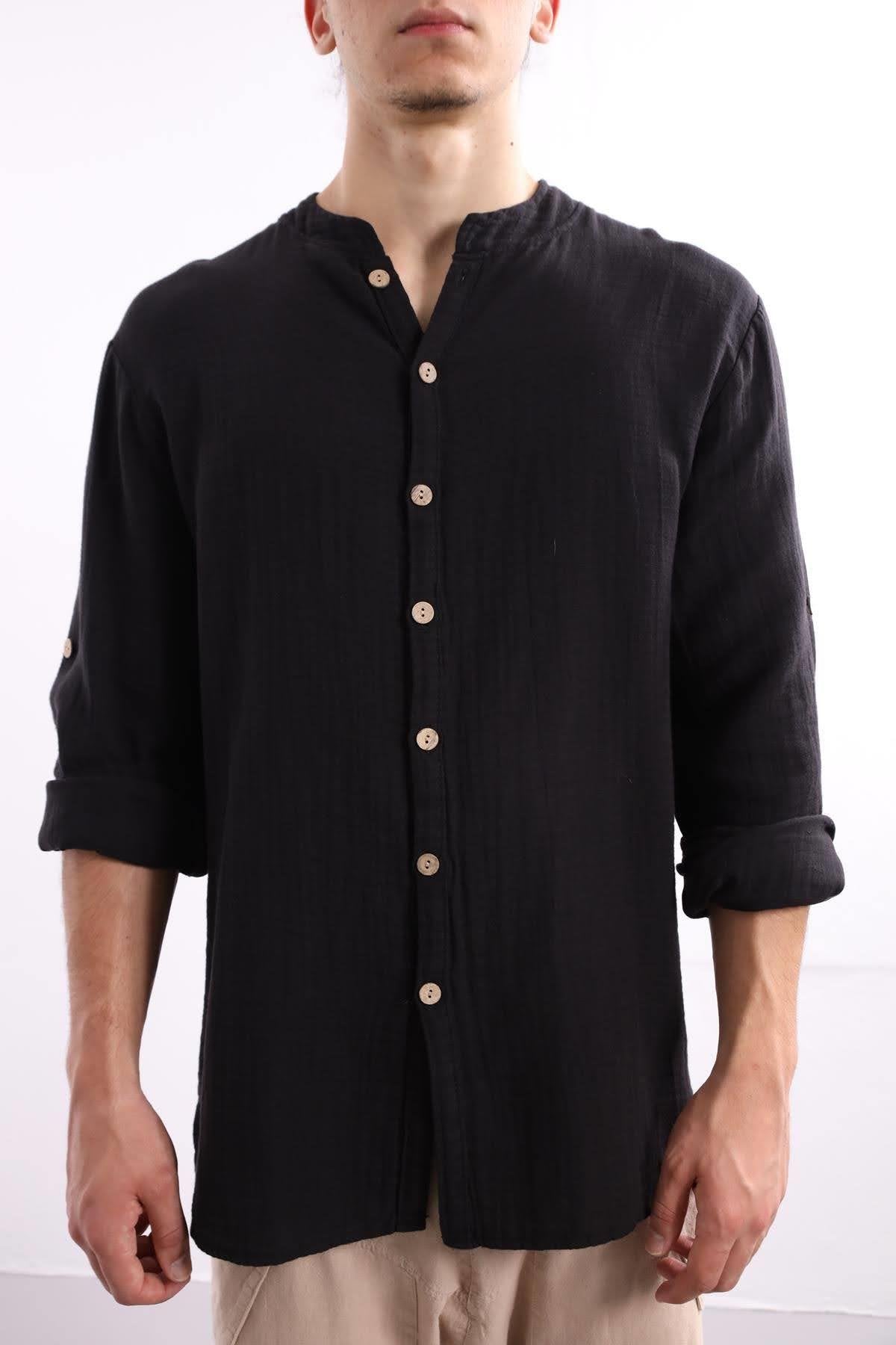 Black Mandarin Collar Cotton Shirt