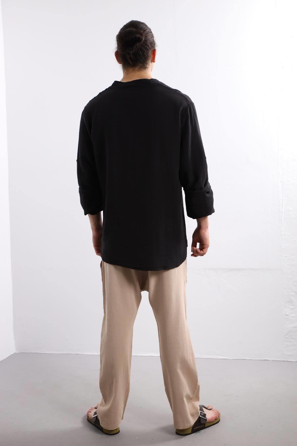 Black Mandarin Collar Cotton Shirt