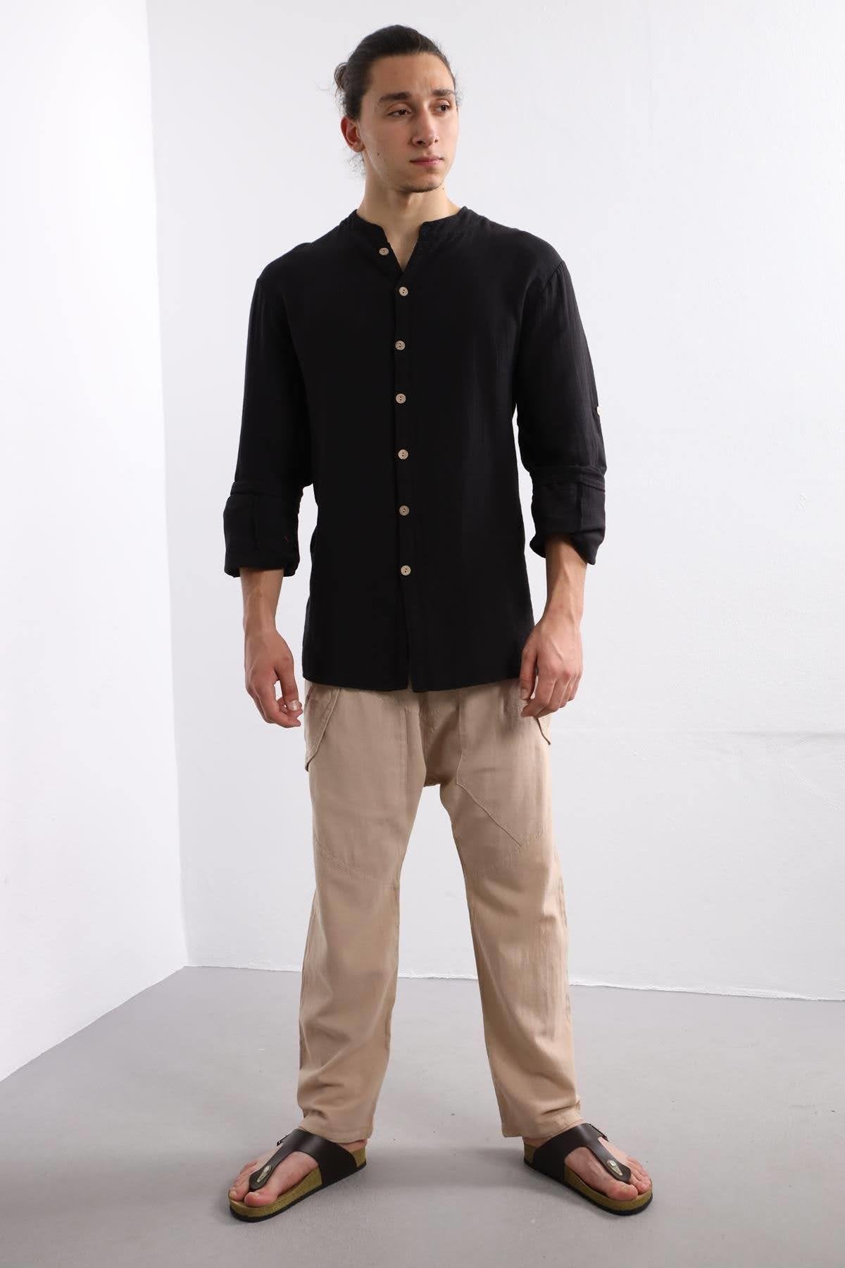Black Mandarin Collar Cotton Shirt