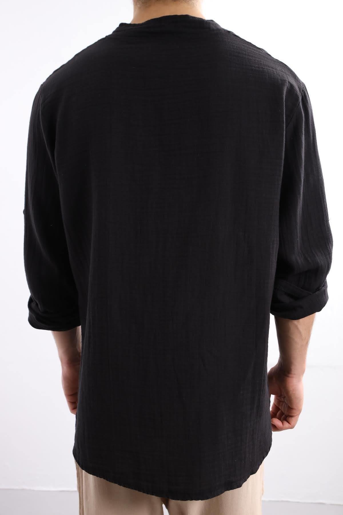 Black Mandarin Collar Cotton Shirt