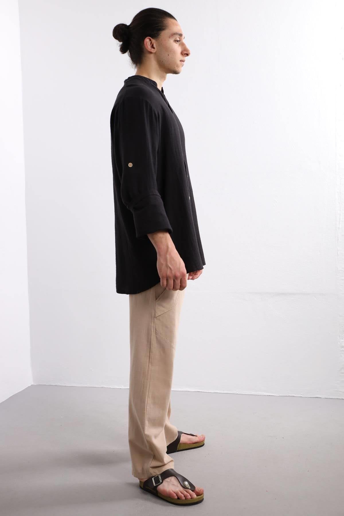 Black Mandarin Collar Cotton Shirt