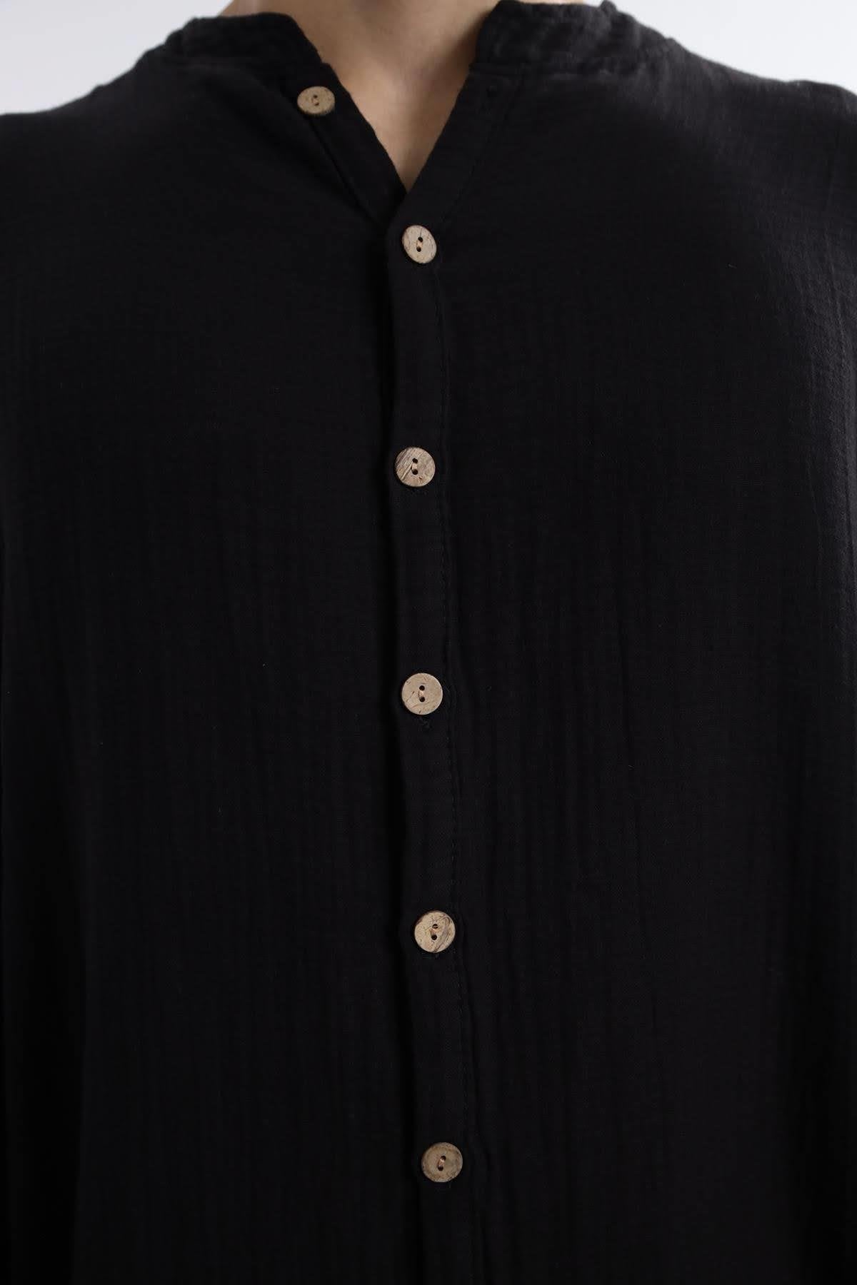 Black Mandarin Collar Cotton Shirt