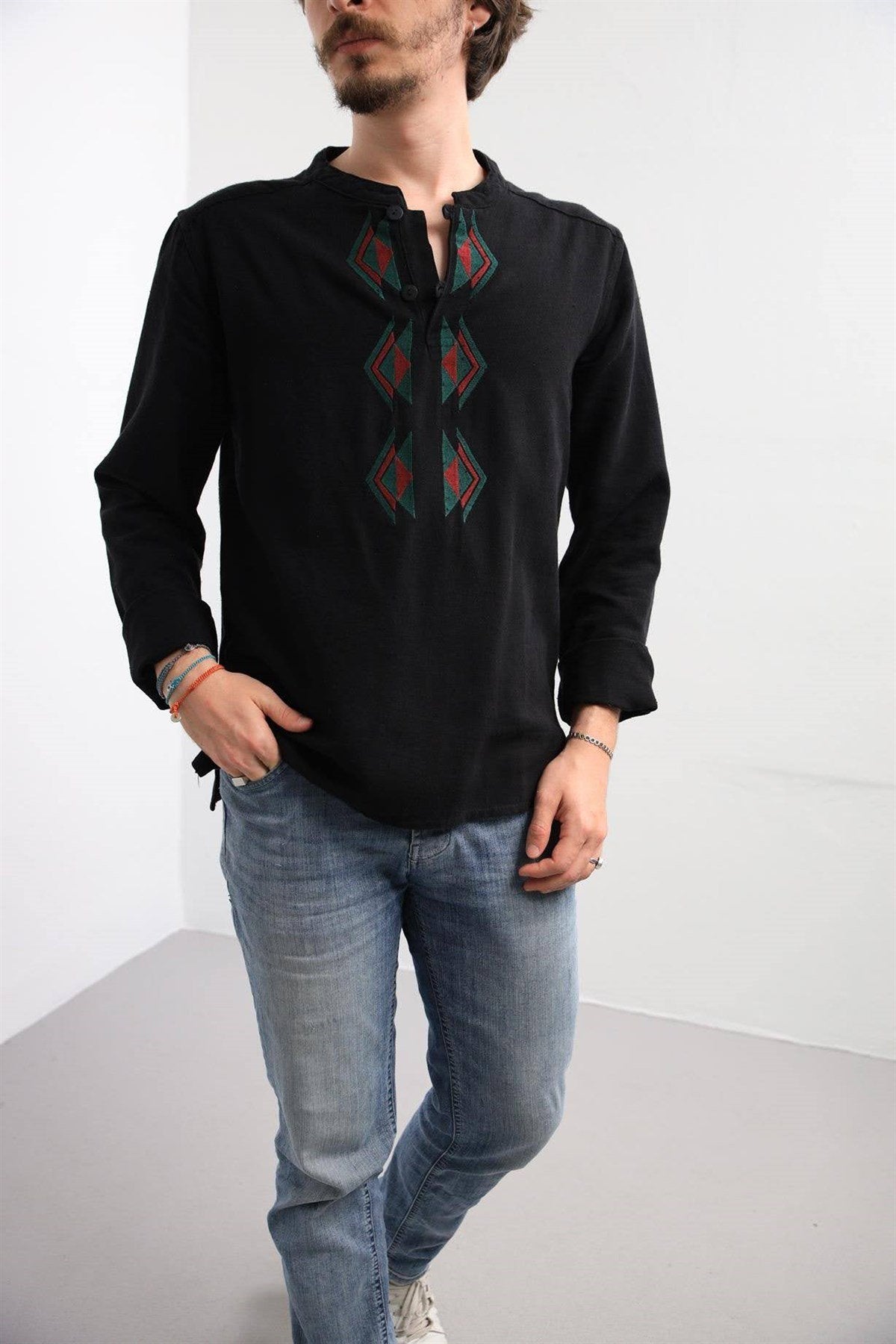 Black Mandarin Collar Santori Shirt