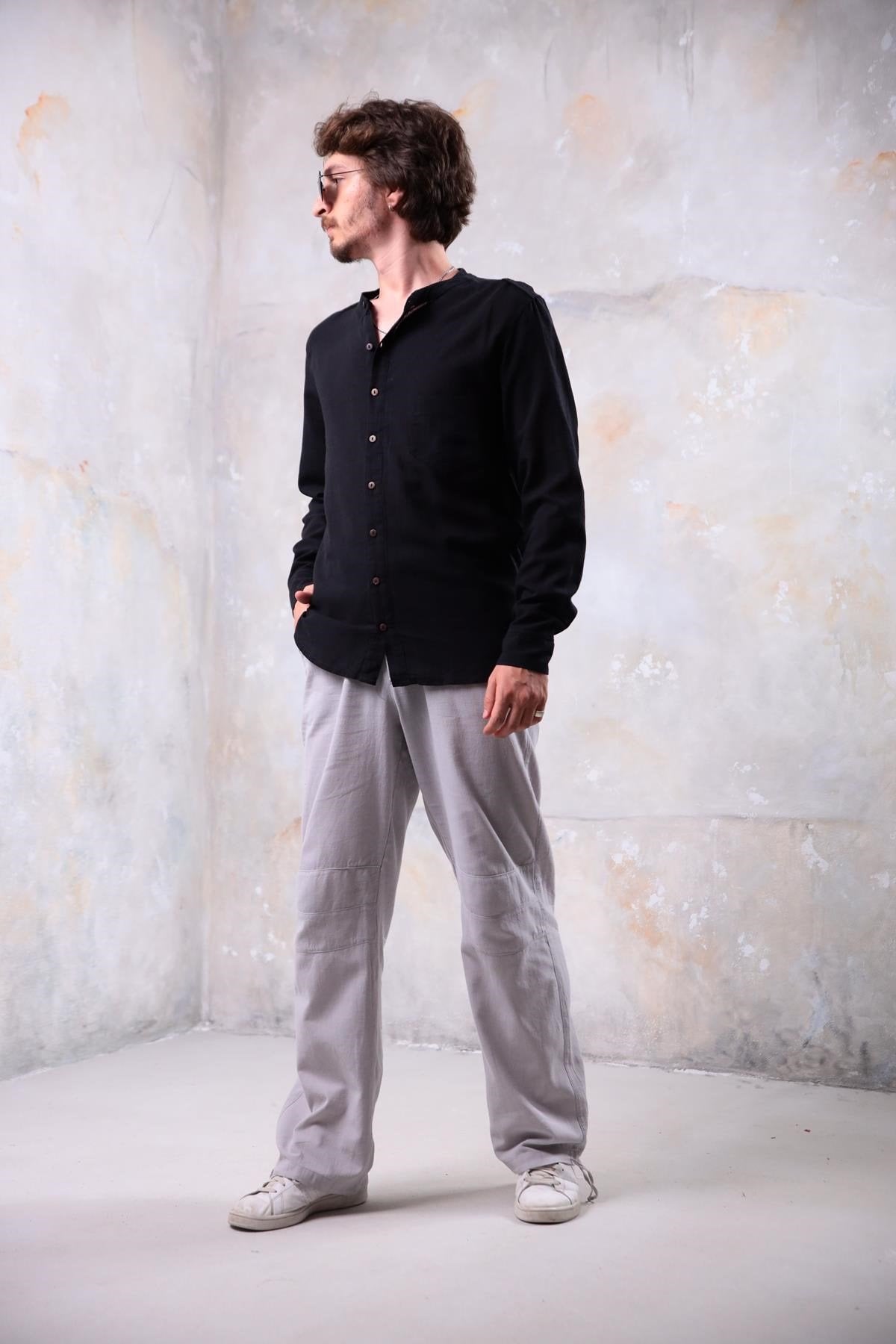 Black Mandarin Collar Non-woven Shirt