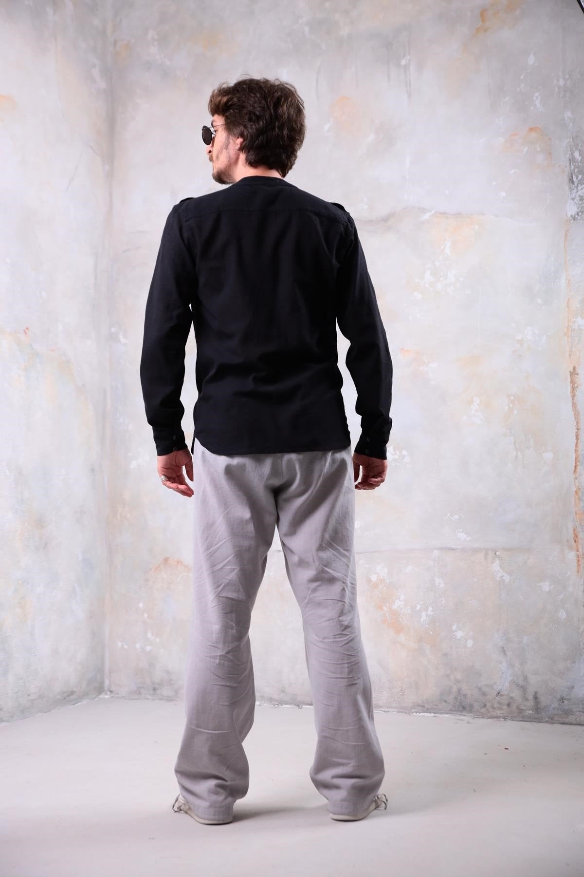 Black Mandarin Collar Non-woven Shirt