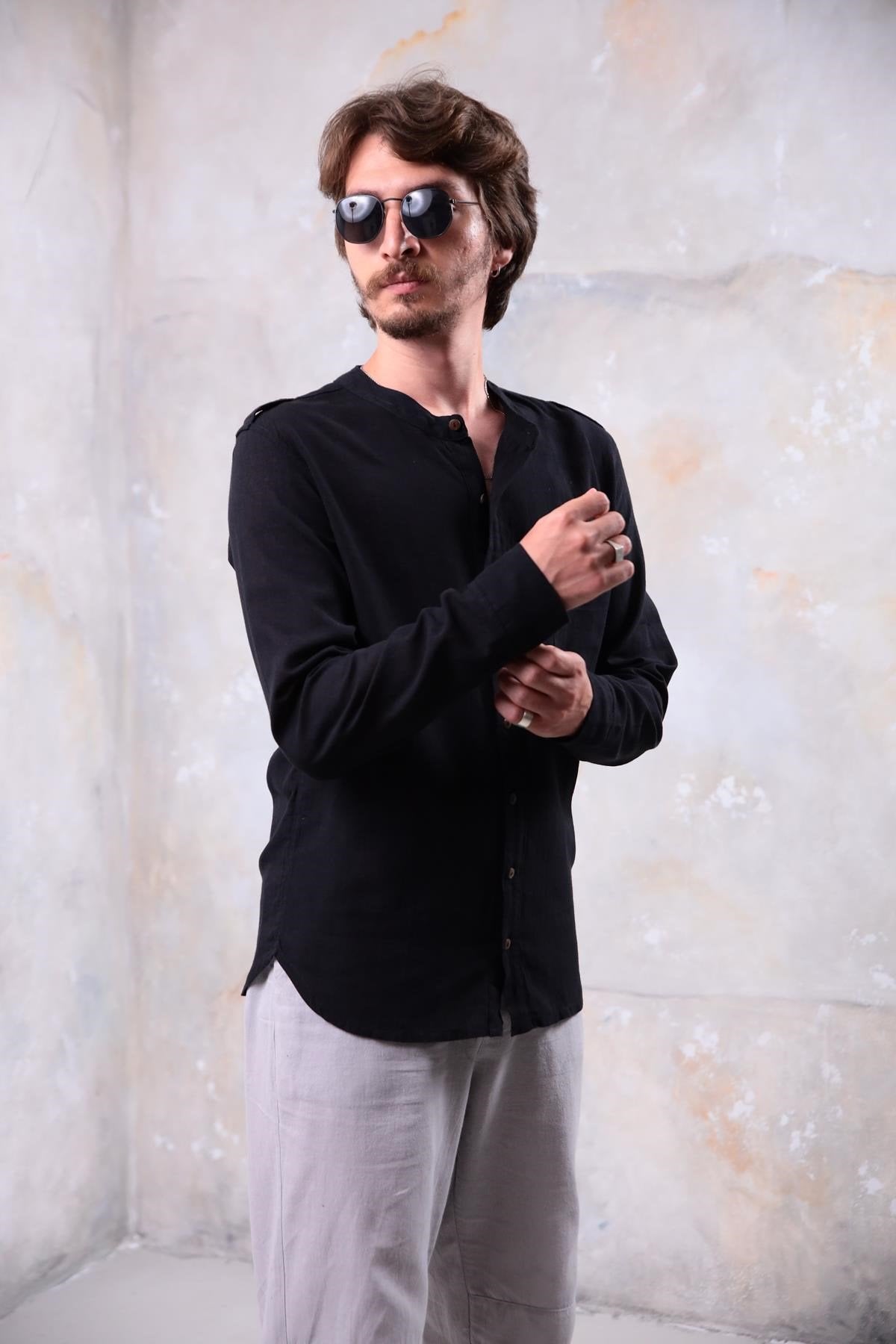 Black Mandarin Collar Non-woven Shirt