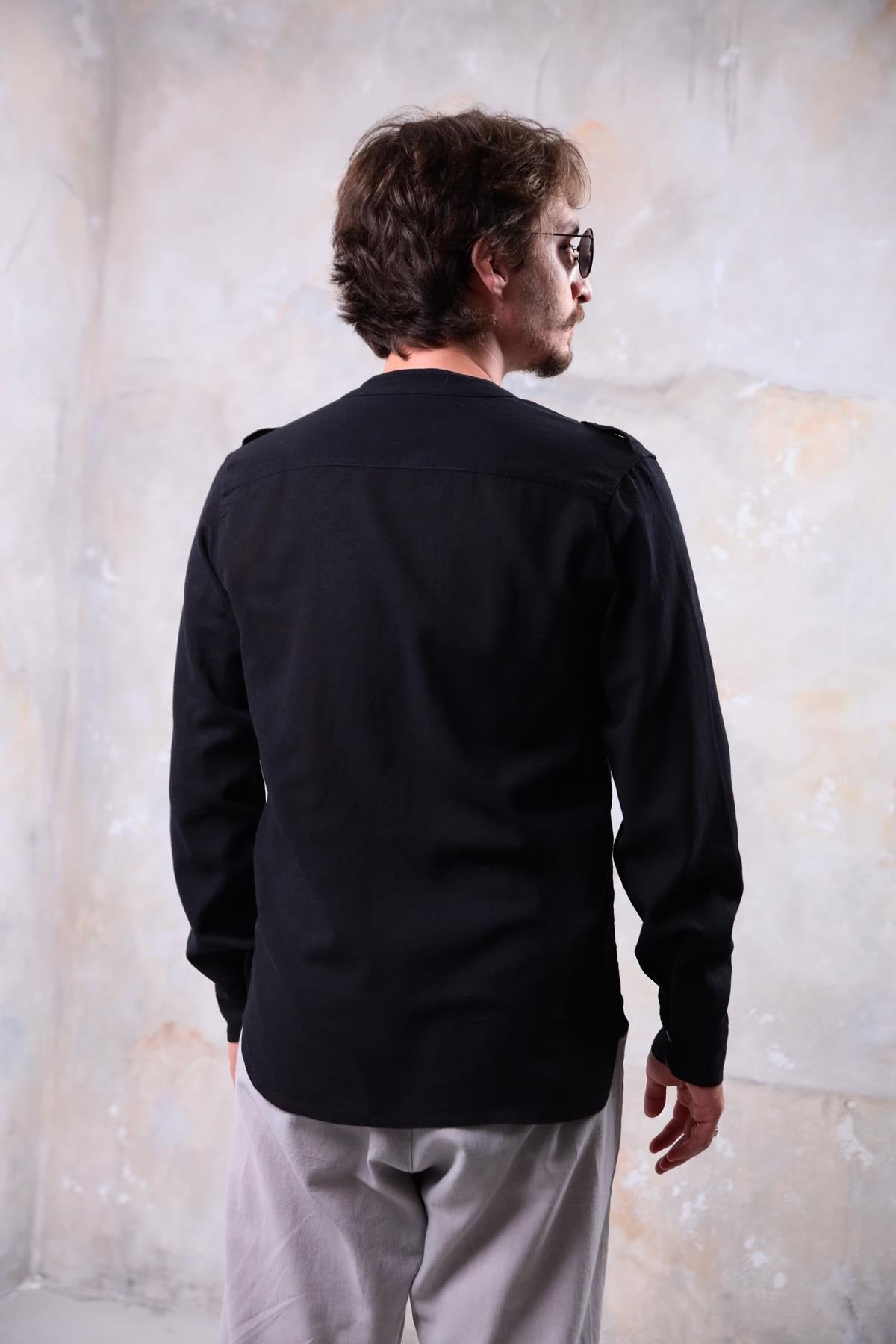 Black Mandarin Collar Non-woven Shirt