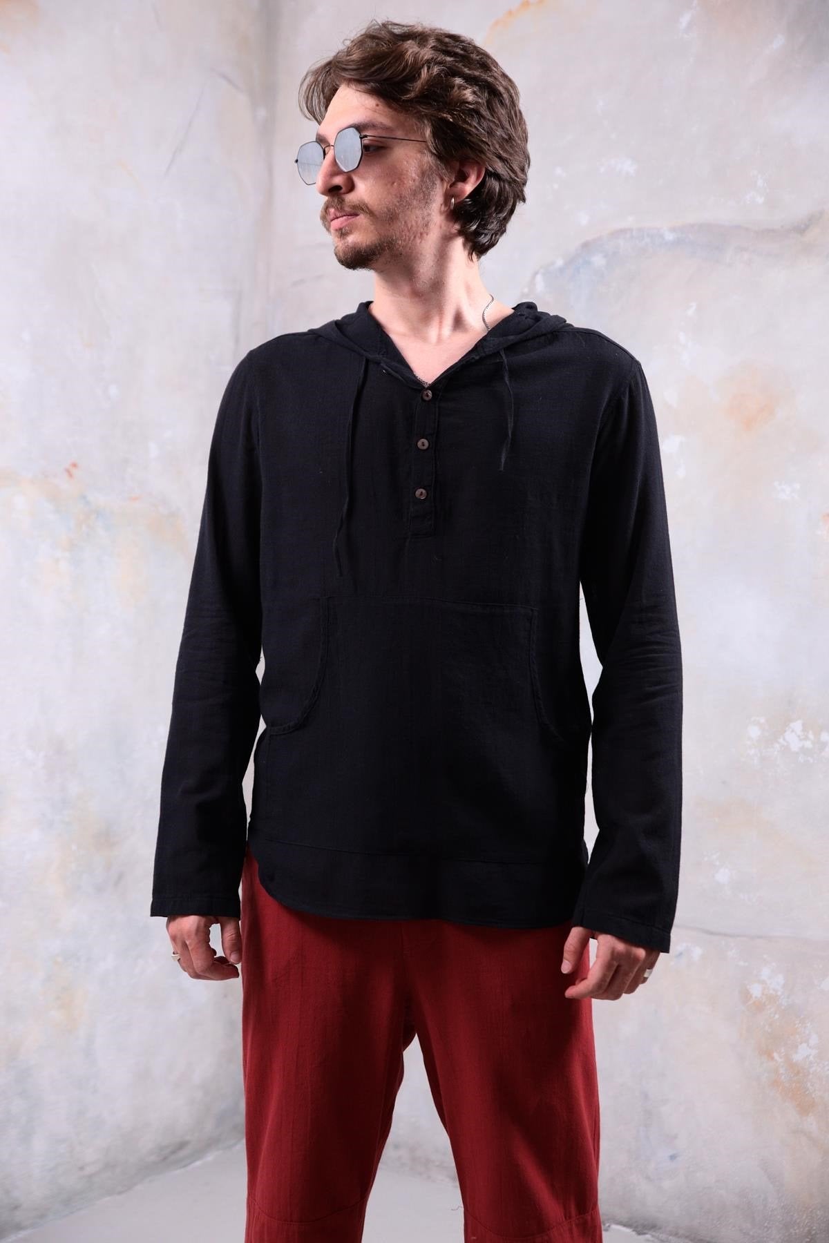 Black Hooded Shirt with Kangaroo Pocket
