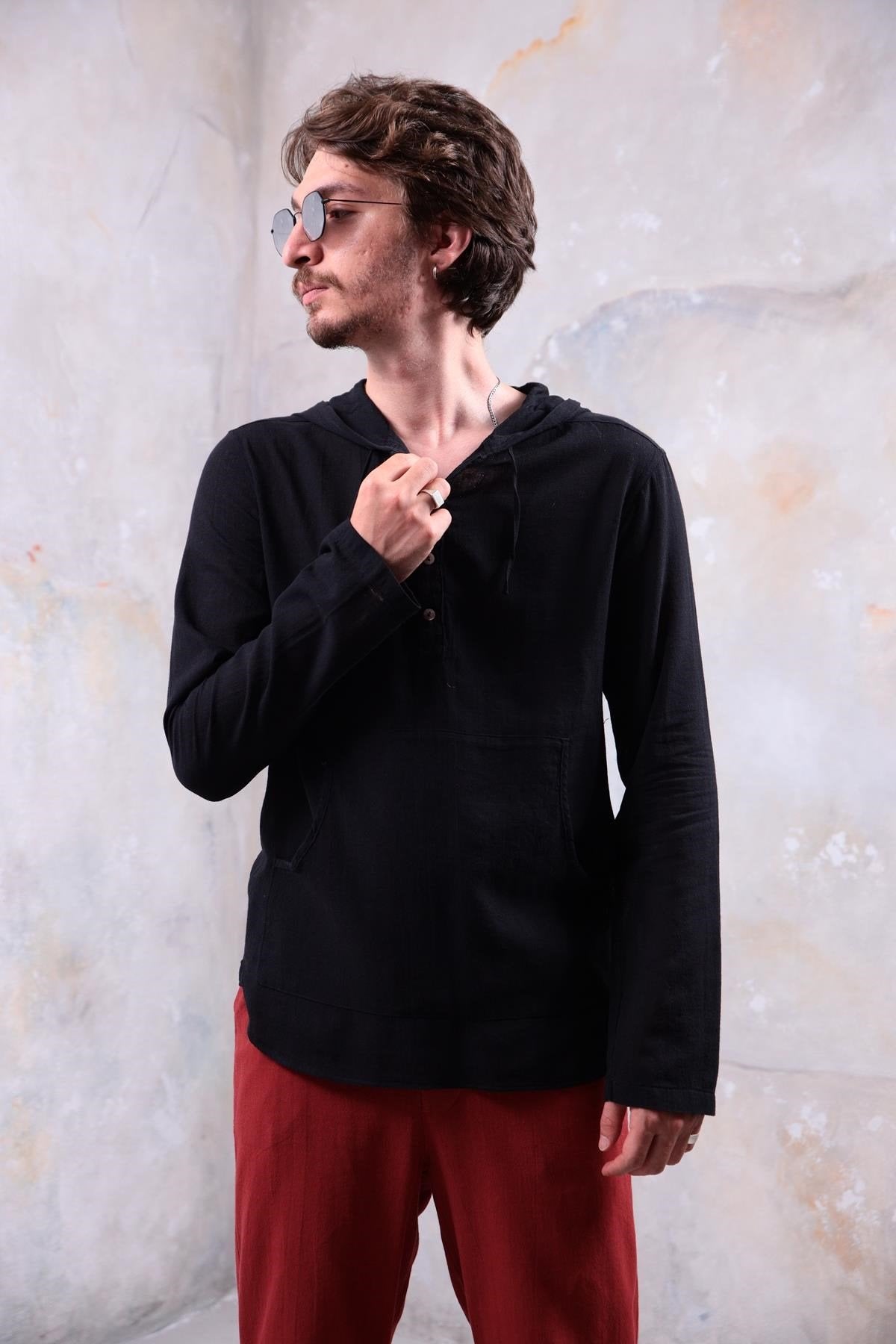 Black Hooded Shirt with Kangaroo Pocket